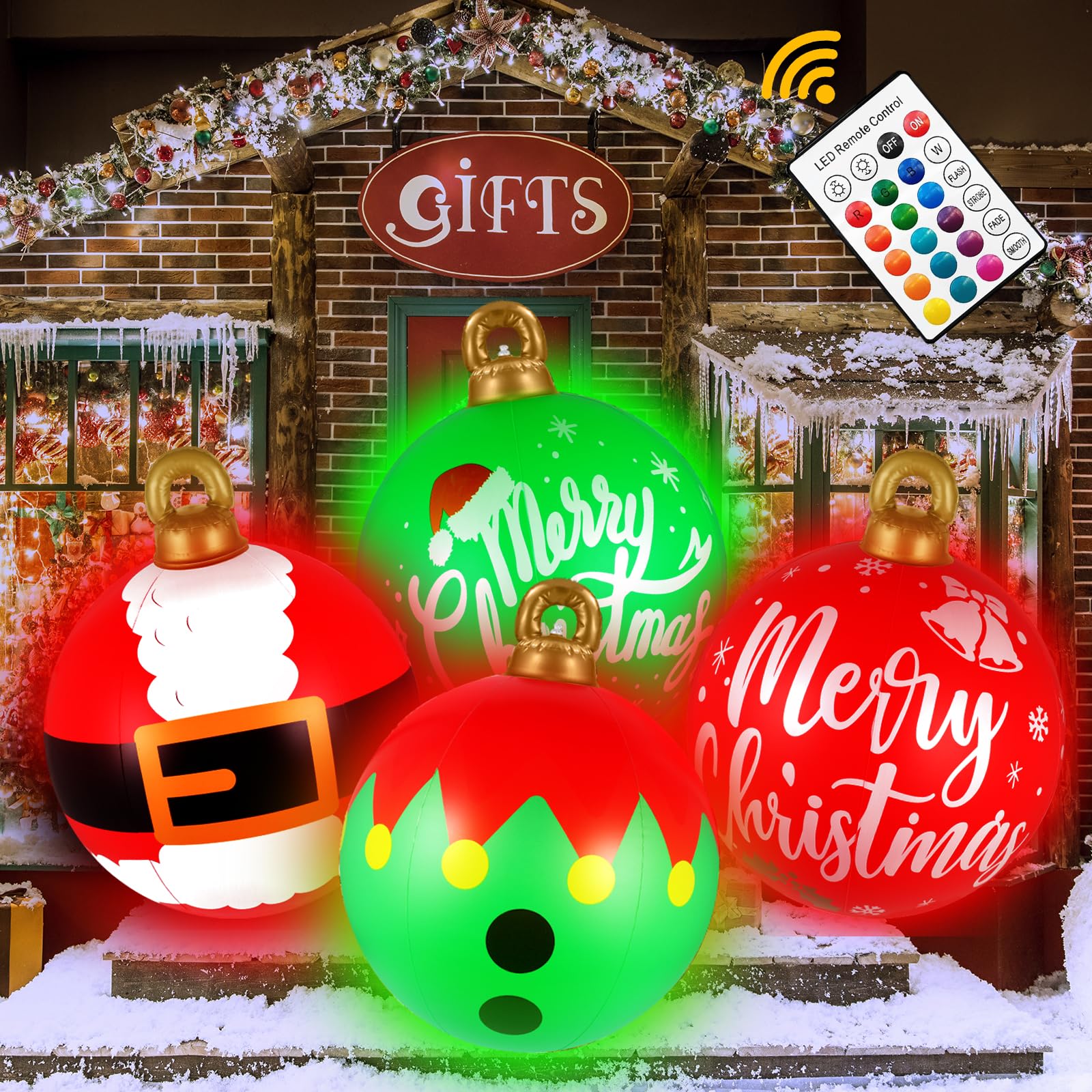 [Light up] Inflatable Ornaments Balls Outdoor 4Pcs: Flashes in Red | Green | Blue and Timer, 24 Inch Giant Christmas Inflatable 