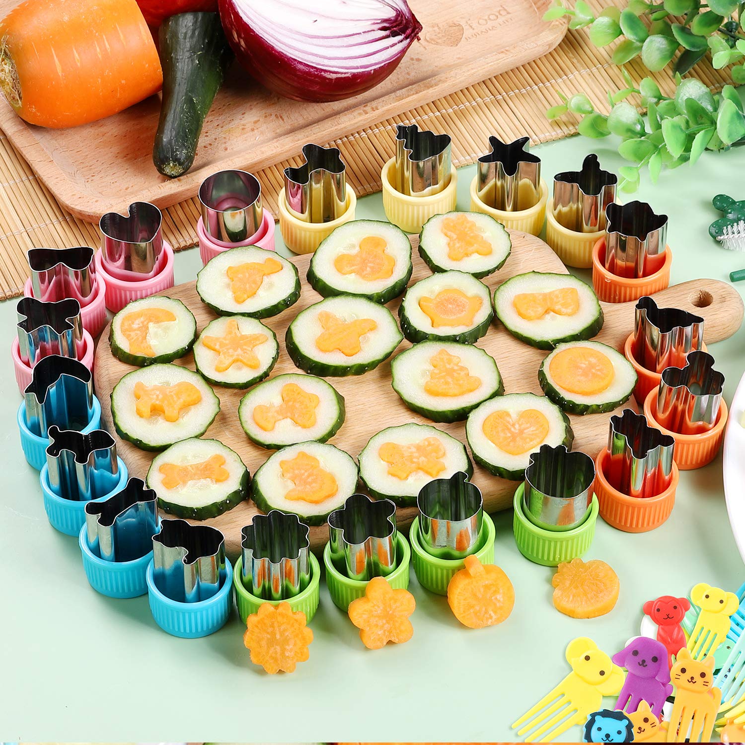 24 Pcs Vegetable Cutter Shapes Sets Cookie Cutters Fruit Stamps Mold With 20 Pcs Food Picks And Forks For Kids