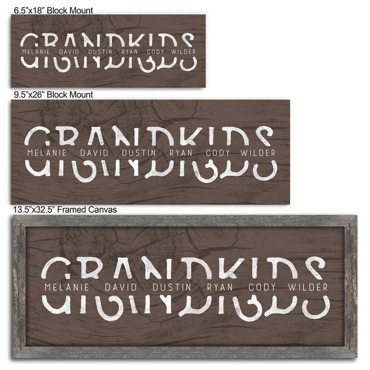 Grandkids - Personalized Art Gift For Grandparents (Rustic Woodgrain, 13.5''X32.5'' Framed Canvas)