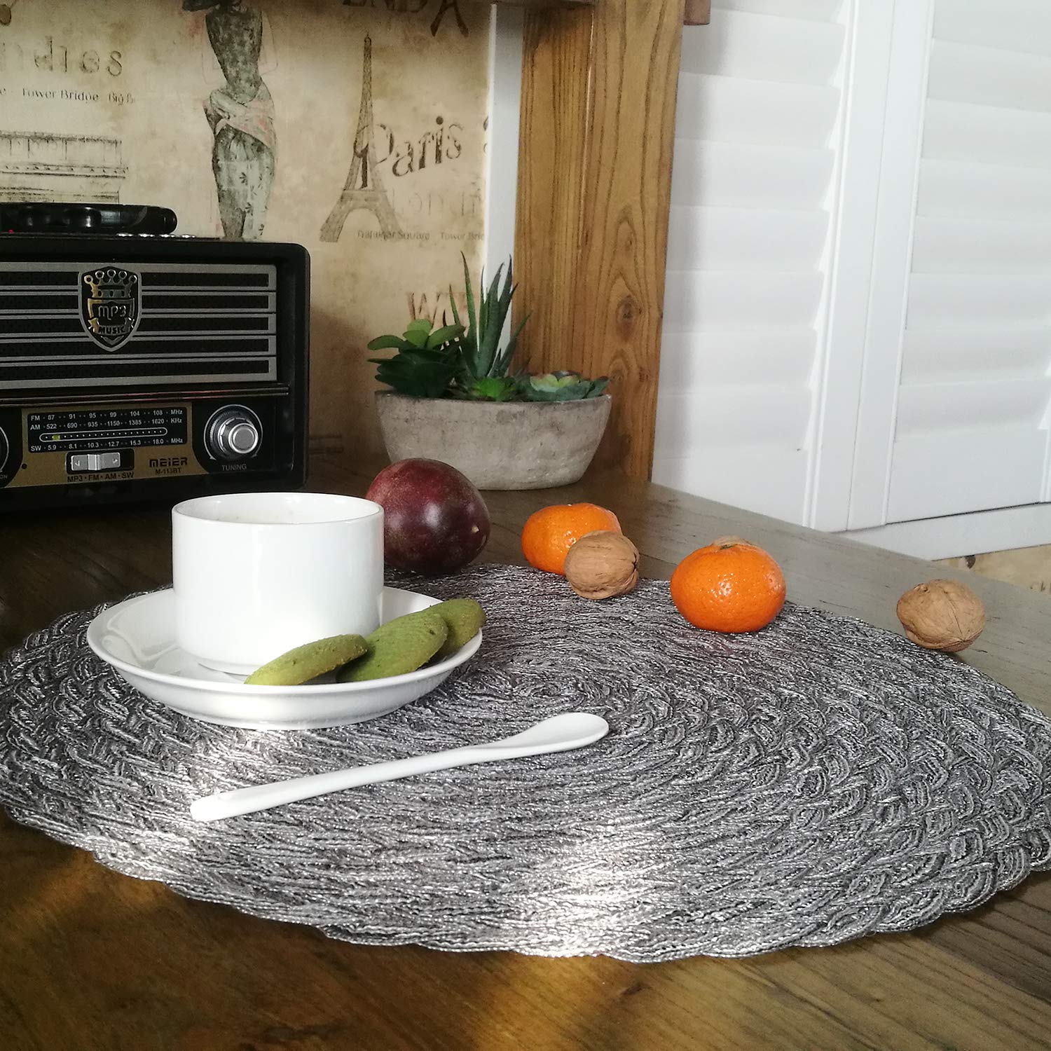 Topotdor Round Placemats Heat-Resistant Stain Resistant Anti-Skid Washable Polyproplene Table Mats Placemats (Set of 6  Braided-Gray)