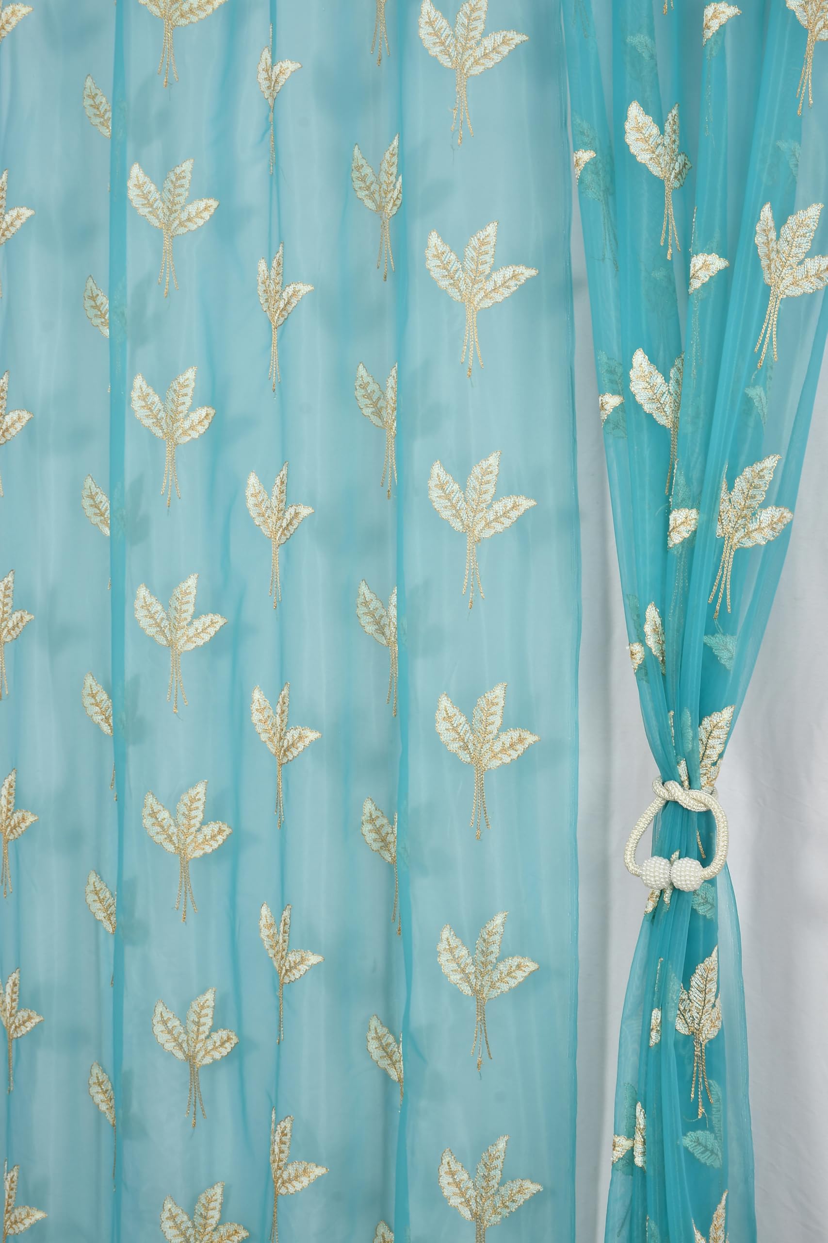 Fabrilia Tissue Net Embroidery Sheer Transparent Curtains For Door 7 Feet Long Set Of 2, Aqua Blue