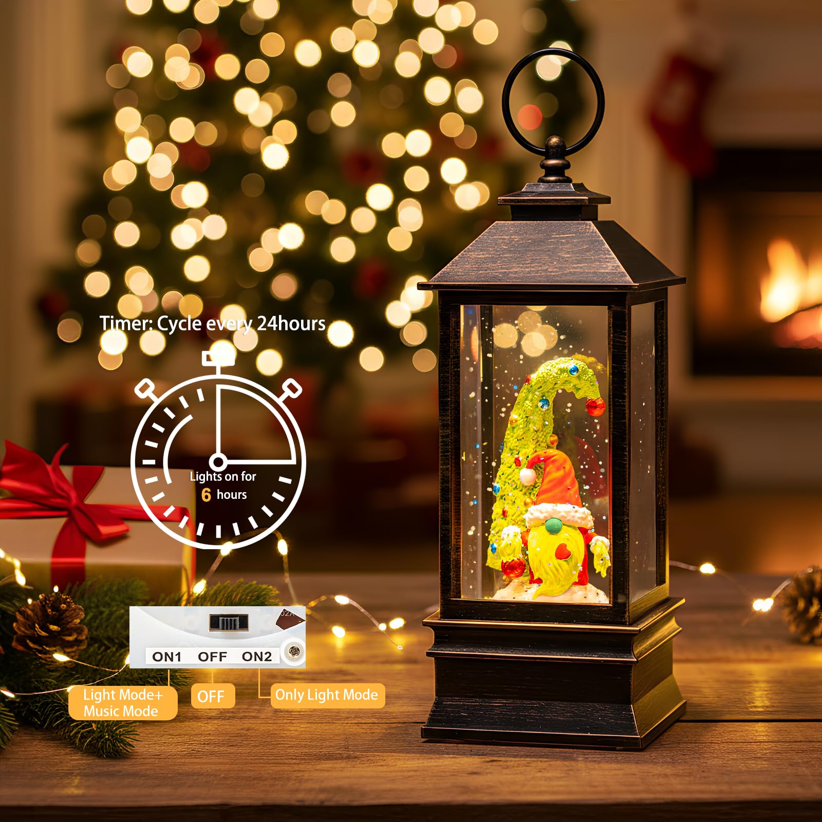10 Christmas Gnomes Snow Globe Lantern Lighted Whimsical Christmas Tree & Santa Elf Musical Water Lantern Swirling Glittering