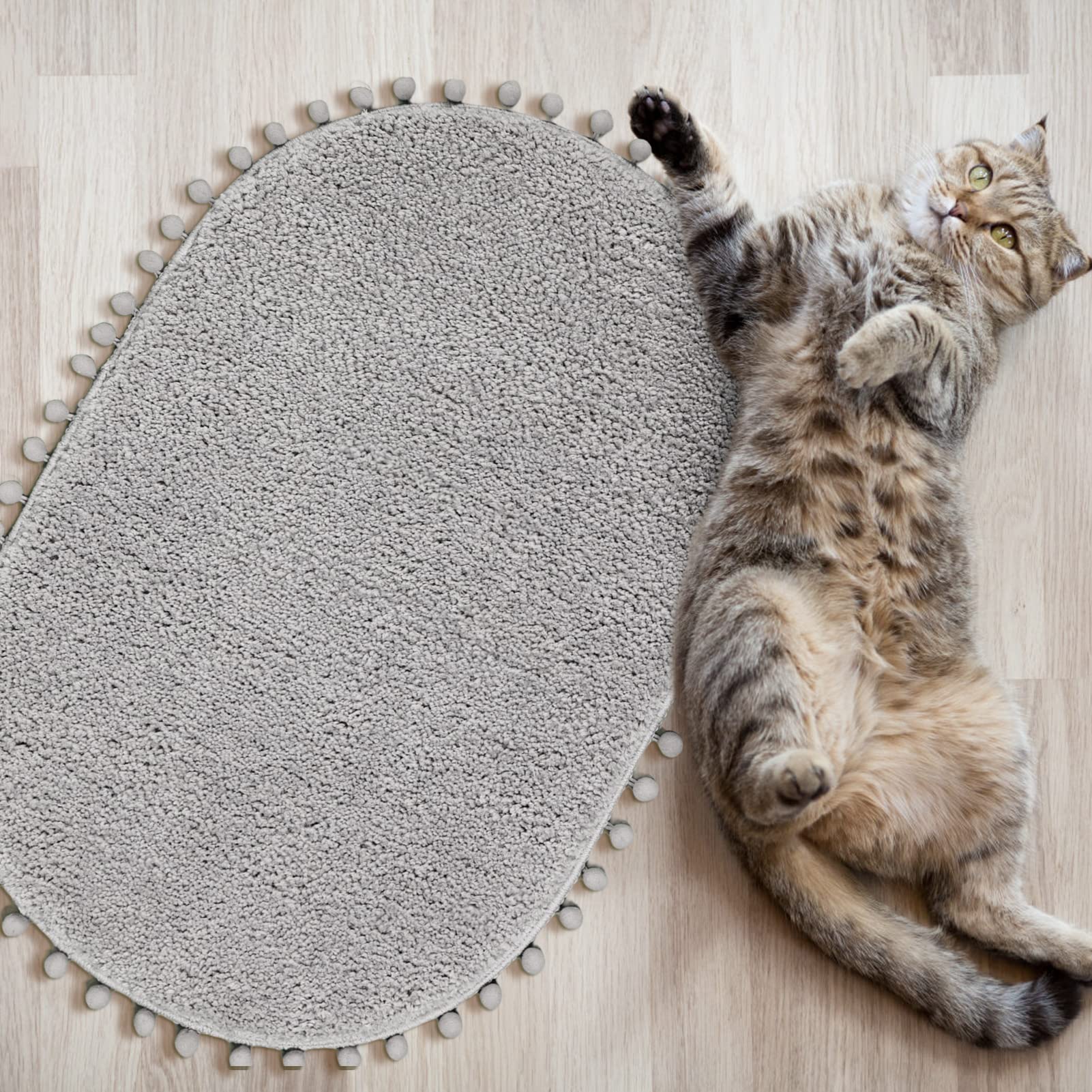 Yirddeo Bath Mat Light Grey Oval Rug With Pom Bathroom Rugs For Bedroom Non Slip Cute Boho Absorbent Mats Soft Plush Washable Ru