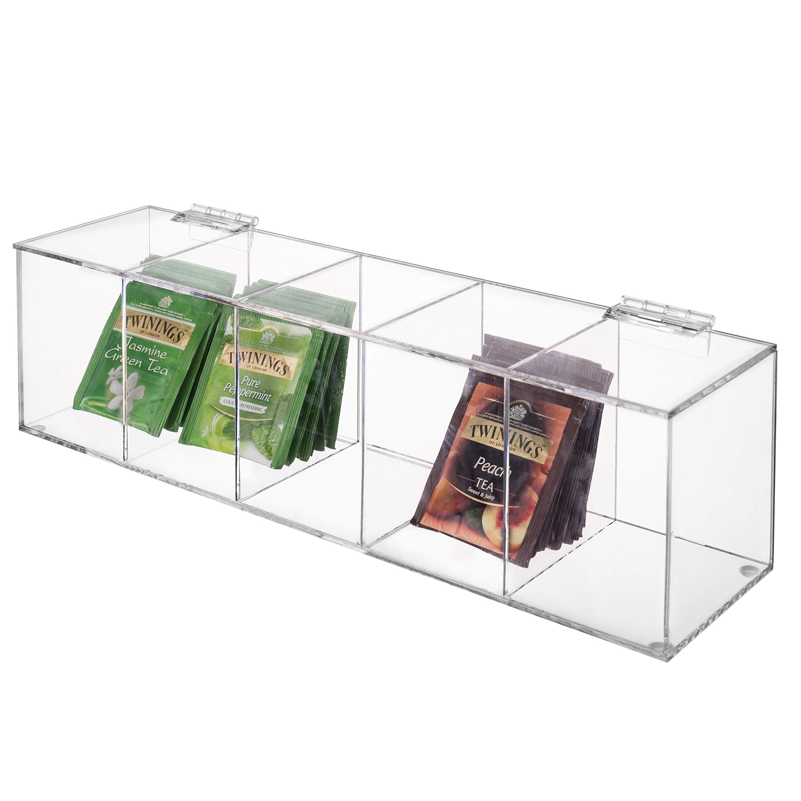 Mygift Modern Clear Premium Acrylic Tea Bag Organizer Box With 5 Compartments And Hinged Lid, Kitchen Countertop Storage Caddy F