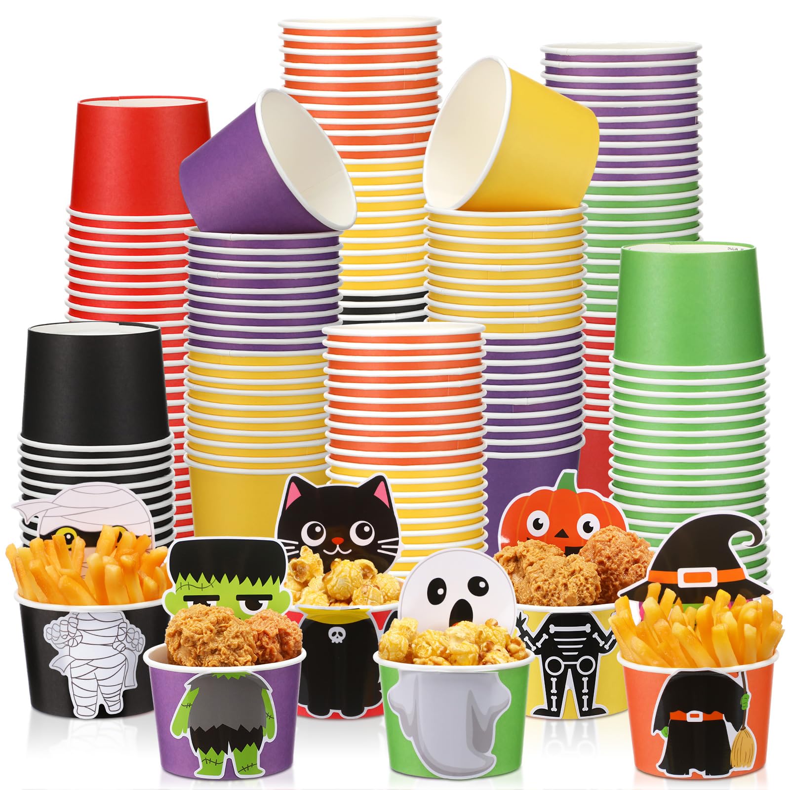 Honeydak 60 Pcs Halloween Disposable Bowls 10 oz Halloween Snack Paper Cups with Character Cards Ghost Pumpkin Witch Black Cat S