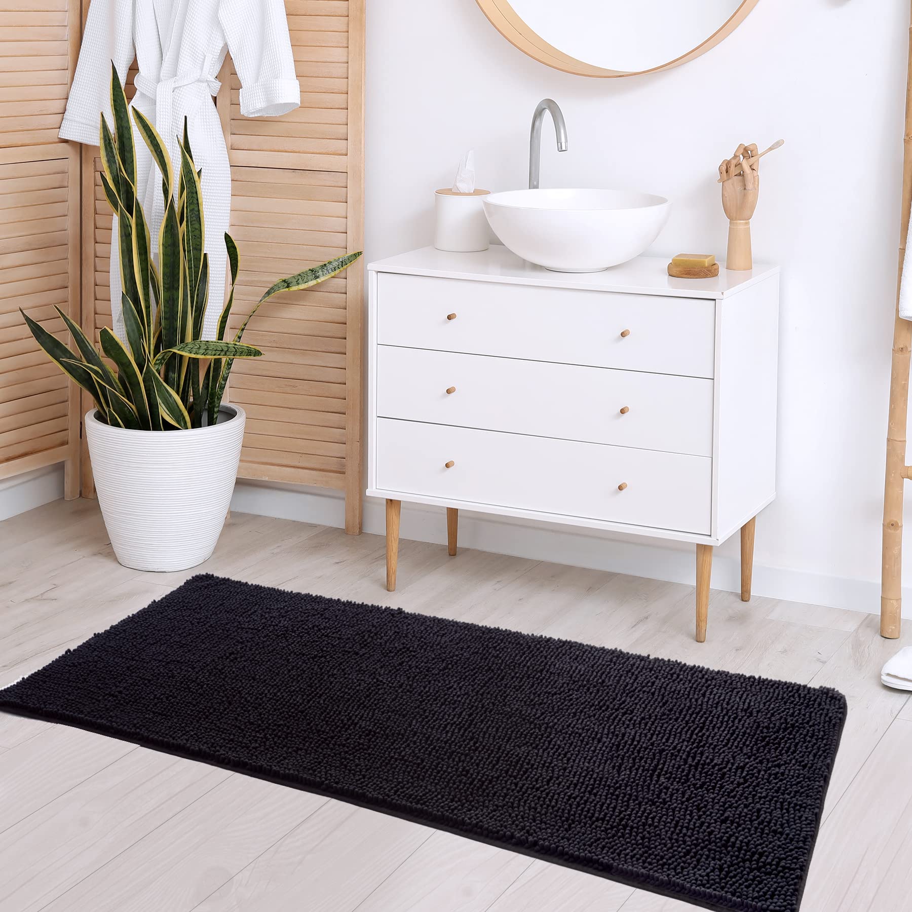 Noahas Bath Rugs 24'' x 70'' Large Runner Bathroom Rug  Soft Luxury Chenille Bathroom Mats with Non-Slip Backing  Throw Absorbent Carpet for Bath Tub/Shower  Machine Washable Durable Rug  Black