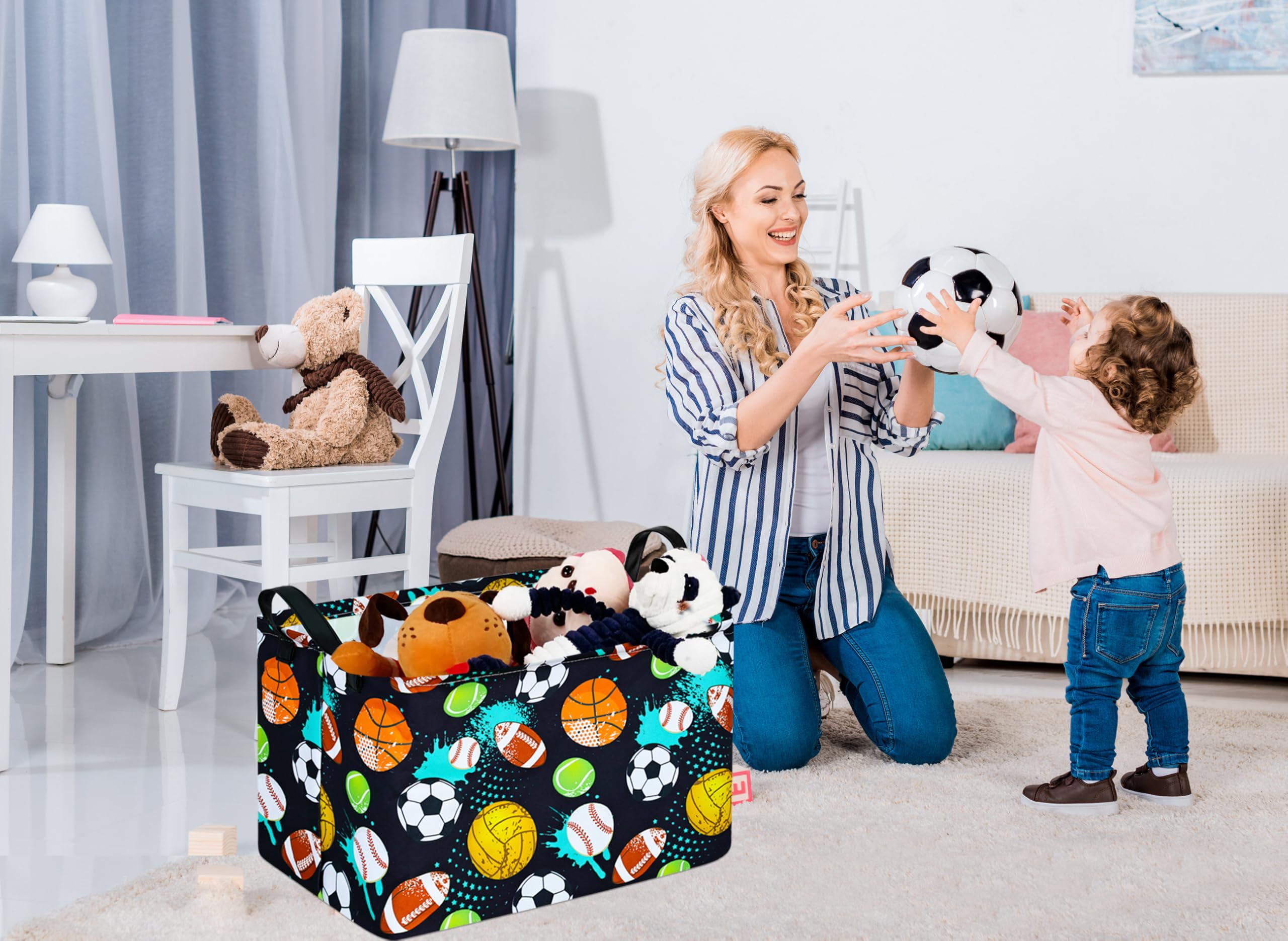 KUNRO Football Basketball Balls Pattern Storage Shelf Basket Baby Storage Bin, Kids Toy Basket Organizer Box with Handles for Bo