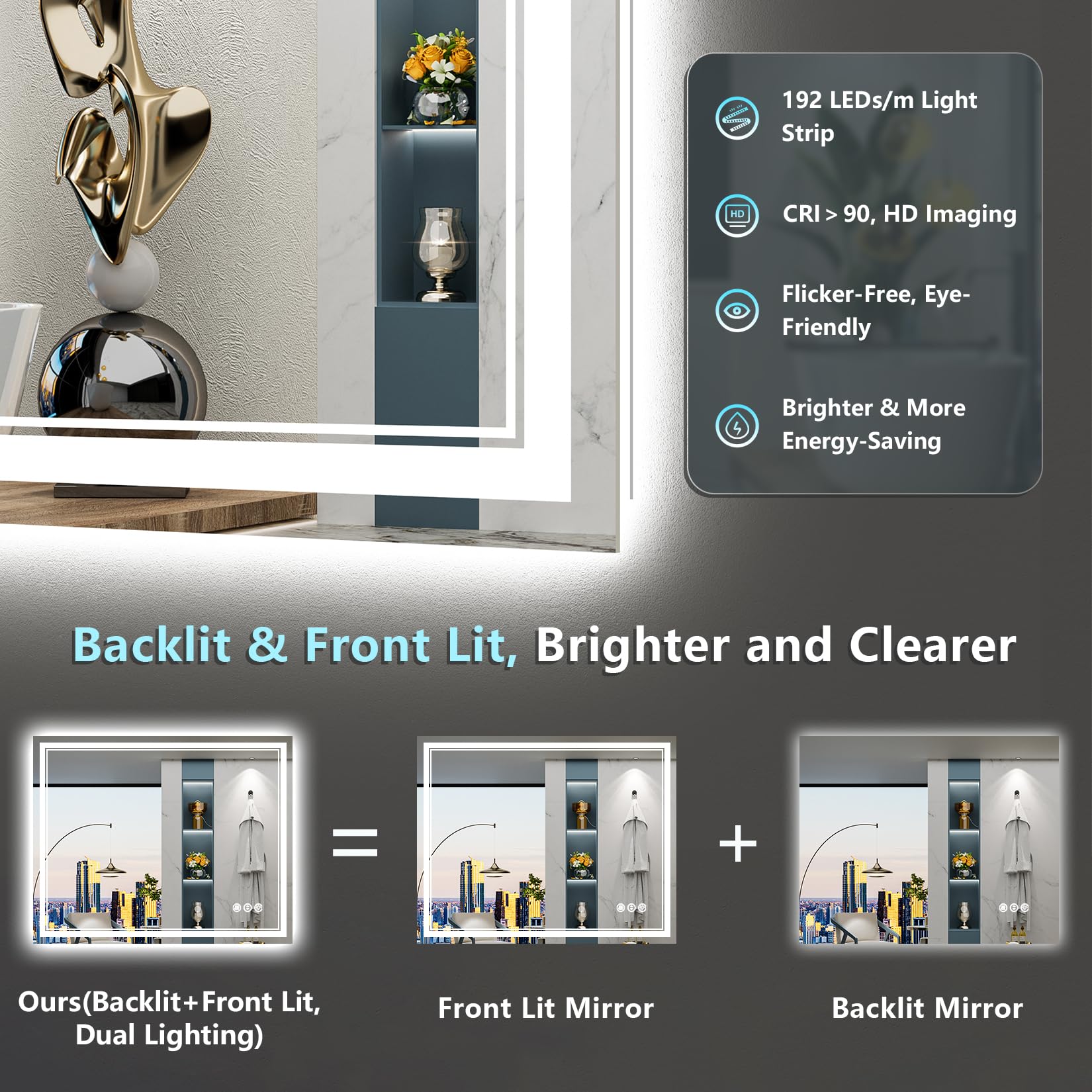 AWANDEE LED Mirror for Bathroom 60x30  Front and Backlit Bathroom Mirror with Lights  Anti-Fog Lighted Vanity Mirror Wall Mounted with 3 Colors  Dimmable  Memory  Shatter-Proof  Horizontal/Vertical