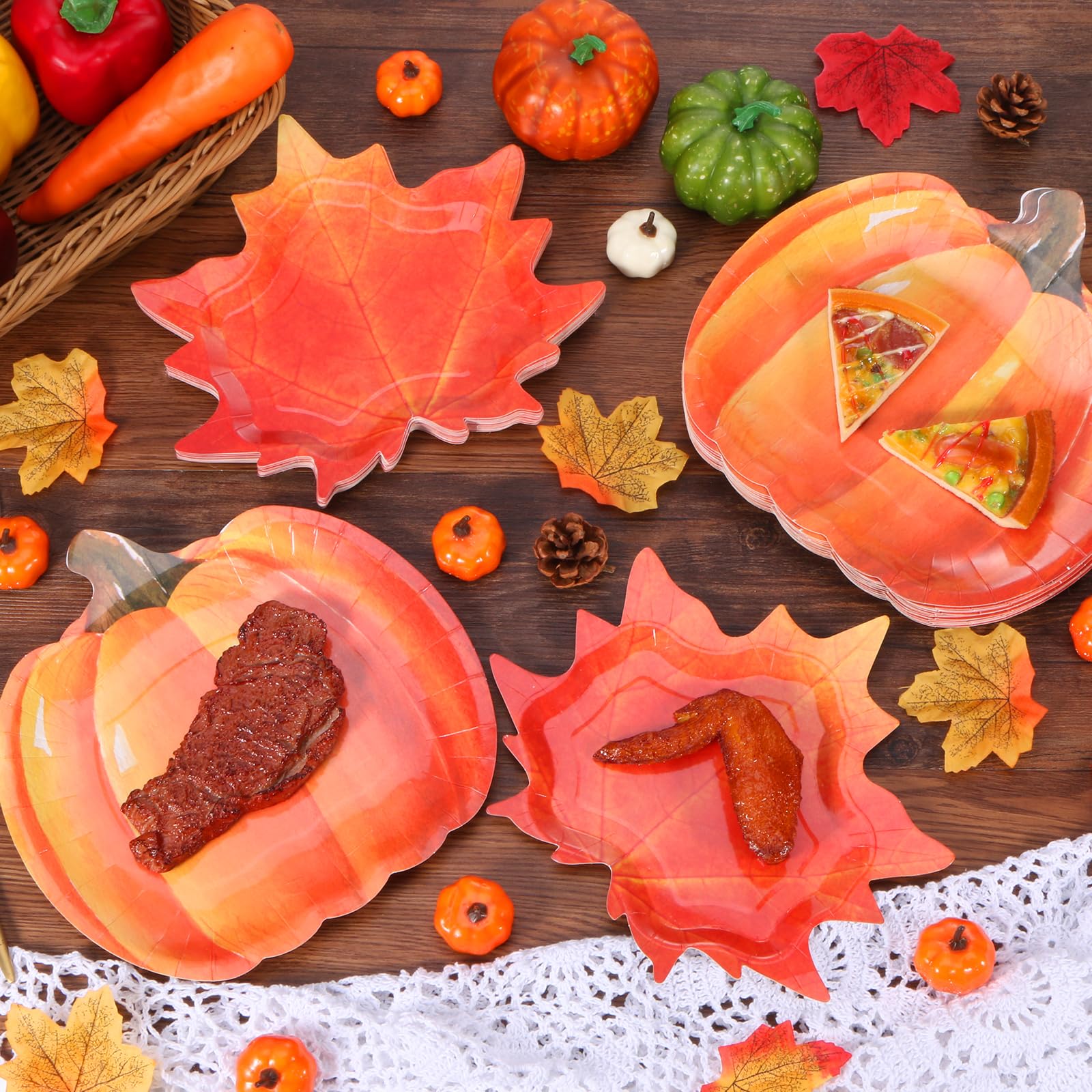 Piklodo 60 Pcs Fall Thanksgiving Paper Plates Autumn Disposable Dessert Party Plates 9 Inch Maple Leaf Pumpkin Plate Orange Pape
