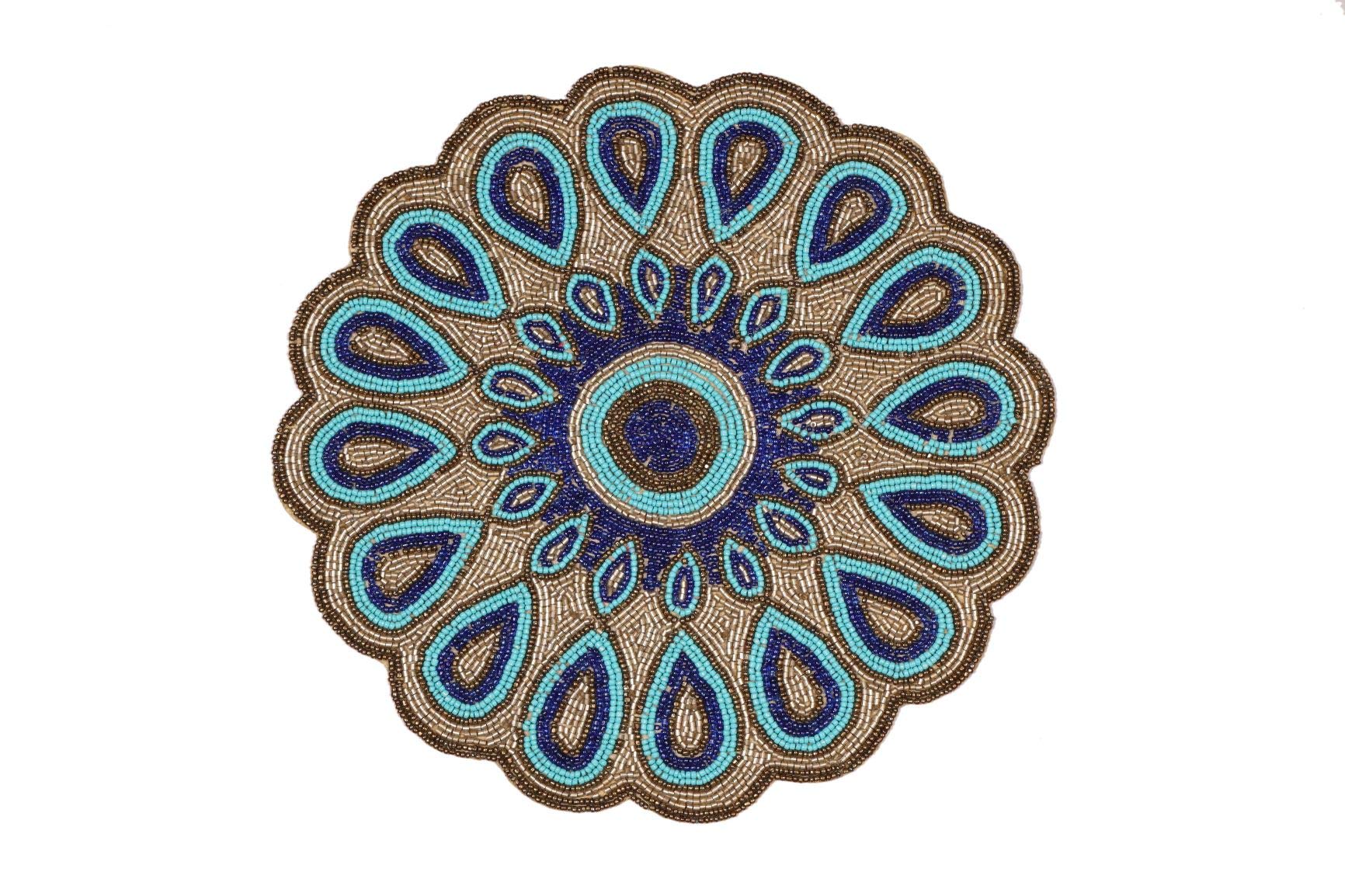 Flihaut  Handcrafted Beautiful Beaded Round Decorative Placemat (Peacock Blue)