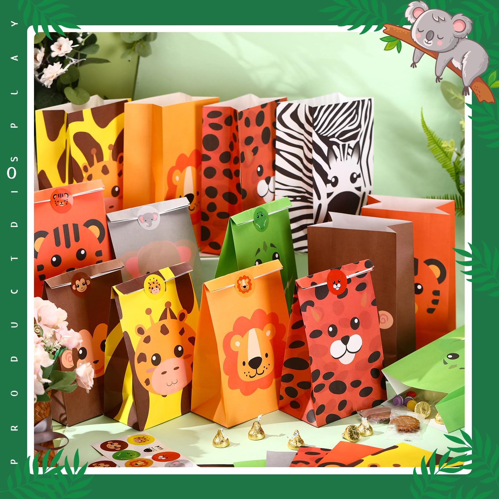 Nezyo 24 Pack Jungle Safari Party Favor Gift Bags  Safari Goodies Bags Animal Gift Bags for Boys Girls Kids Birthday Jungle Candy 8.66 x 5.12 x 3.15 inches