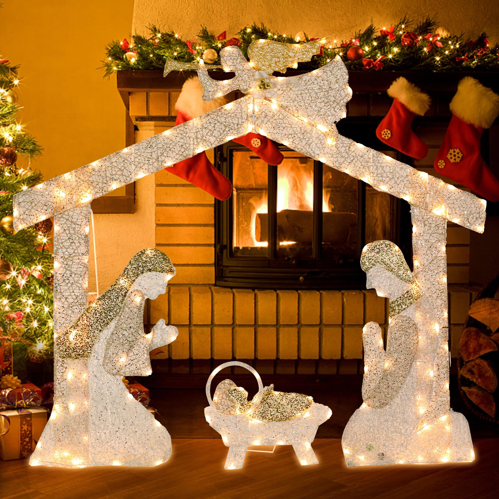 Outdoor Christmas Nativity Scene Decoration Christmas Lighted Holy Family Nativity Scene with Angel Decoration for Xmas Home Pat