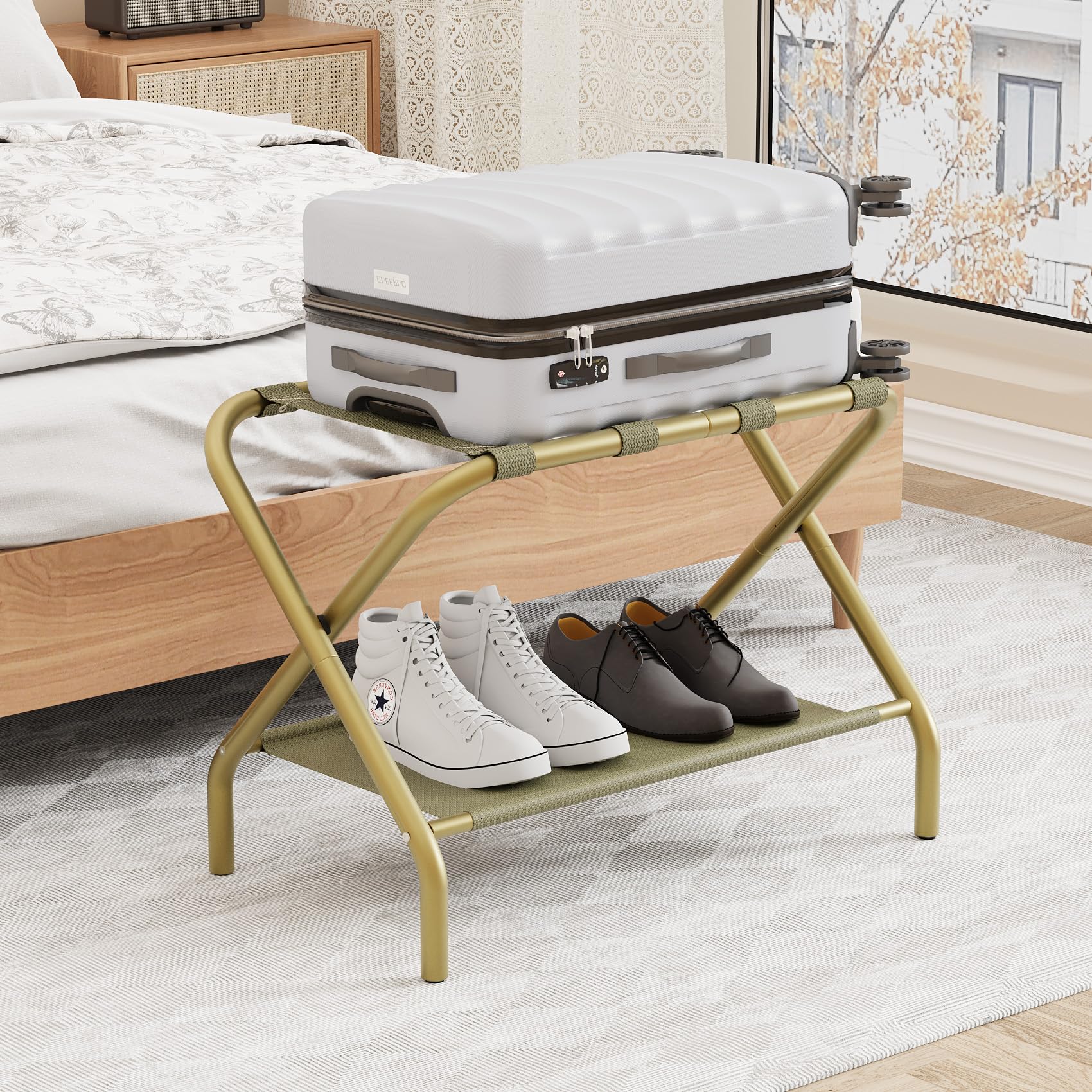 Smuxee Gold Luggage Rack, Foldable Suitcase Stand With Fabric Storage Shelf, Luggage Holder With 4 Nylon Straps For Guest Room B