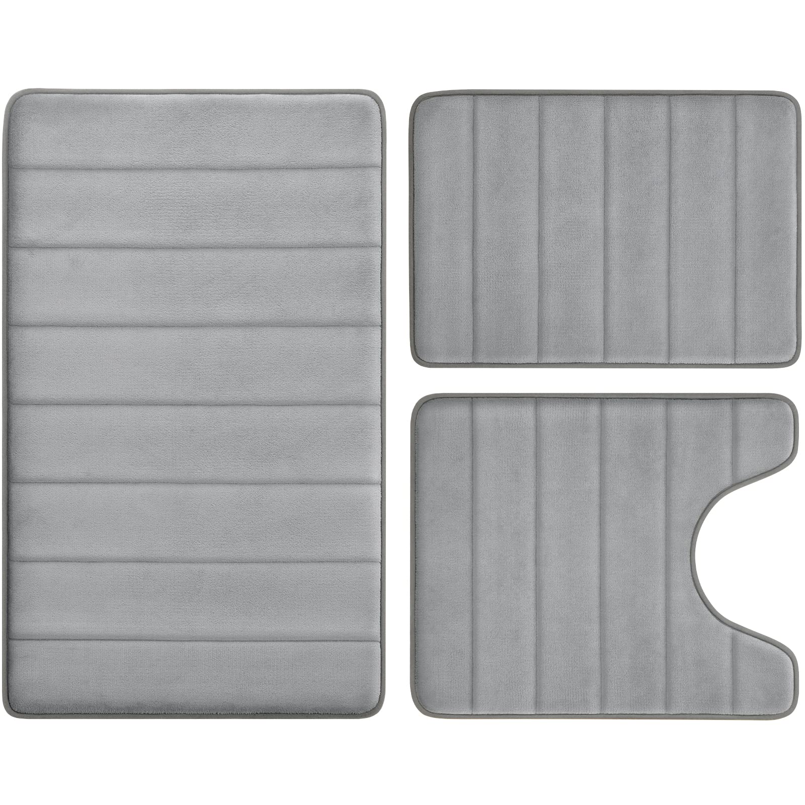 Bysure Grey Memory Foam Bathroom Rug Set 3 Piece, Non Slip Extra Soft Absorbent Bath Mats, Machine Washable & Dry Toilet Mat Set