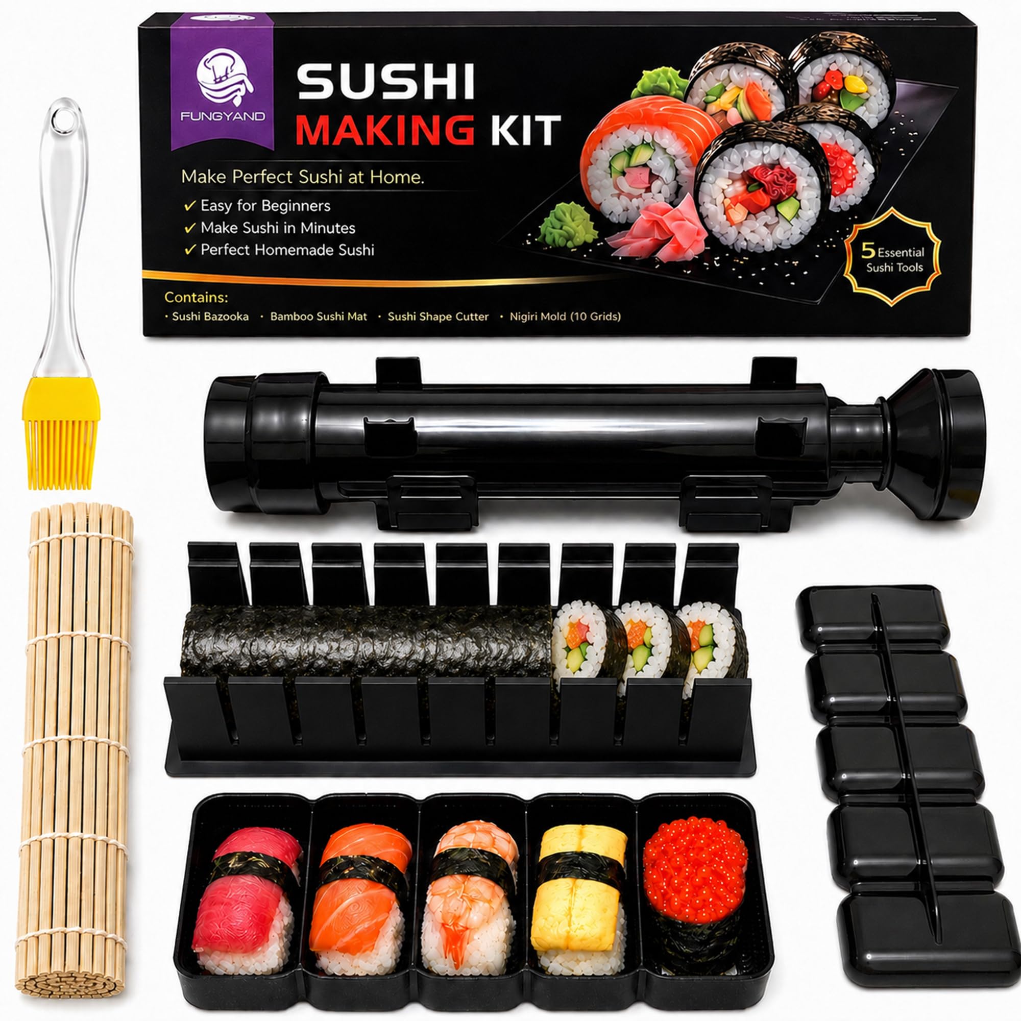 FUNGYAND Sushi Making Kit with Bazooka Roller, Cutting Mold and Bamboo Mat