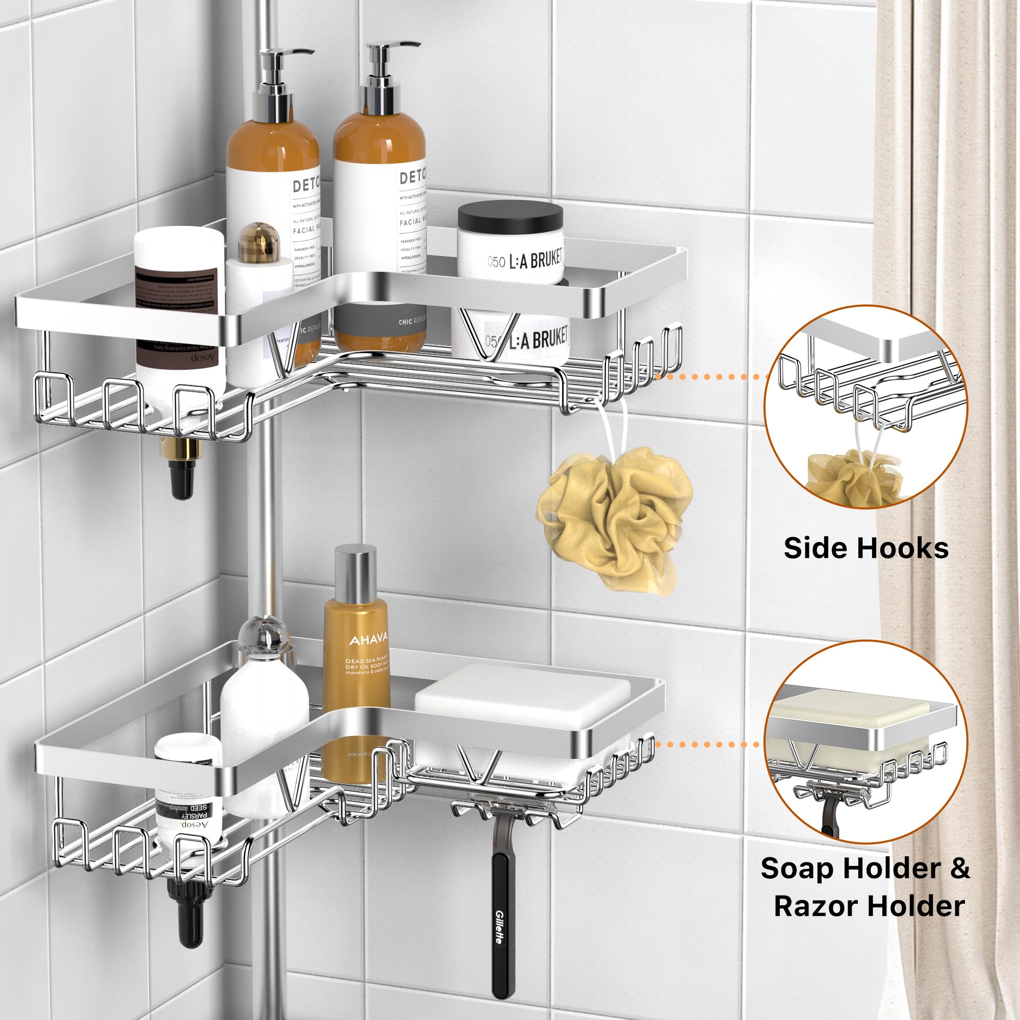 Kegii Sus304 Corner Shower Organizer, Stainless Steel Tension Pole Shower Caddy Corner, No Drilling Required Adjustable Shower S