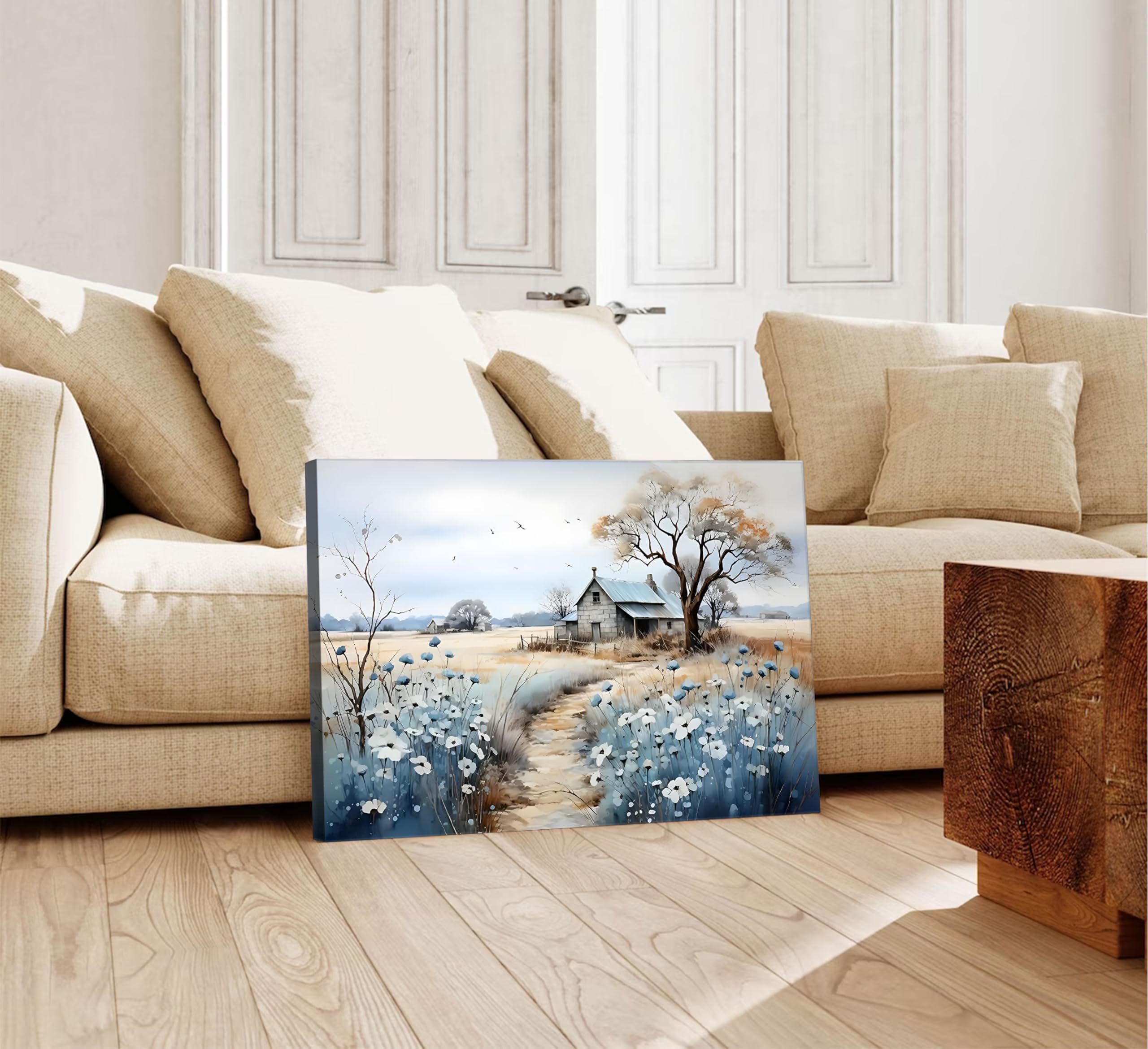 Framed Rustic Farmhouse Canvas Wall Art Beautiful Field Painting Wildflower Barn Print Nature Scenery Picture French Countryside