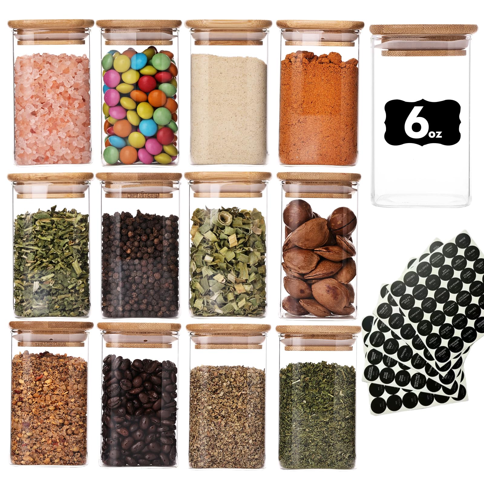 6oz Glass Spice Jars with Bamboo Lid and Label, 12 Pack Square Glass Container, Small Food Storage Containers for Kitchen, Clear