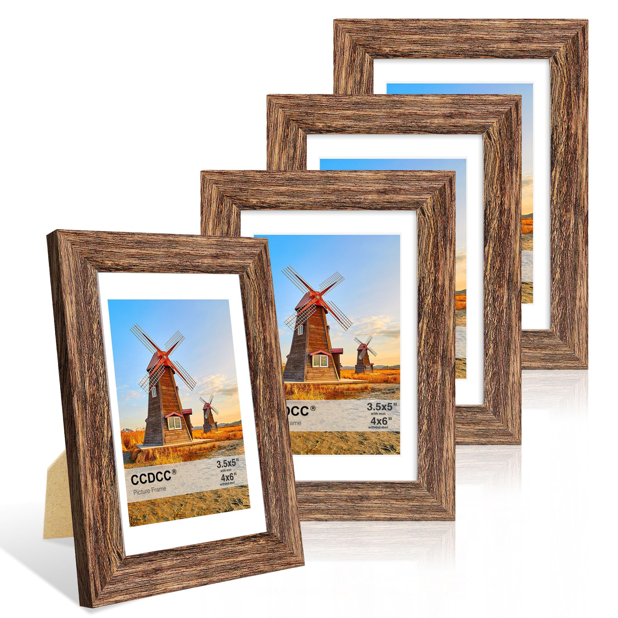 ccdcc 4x6 Picture Frame Set of 4, 4 x 6 Wood Photo Frames with Mat for 3.5x5, Natural Wooden Frame with Real Glass Cover for Wal