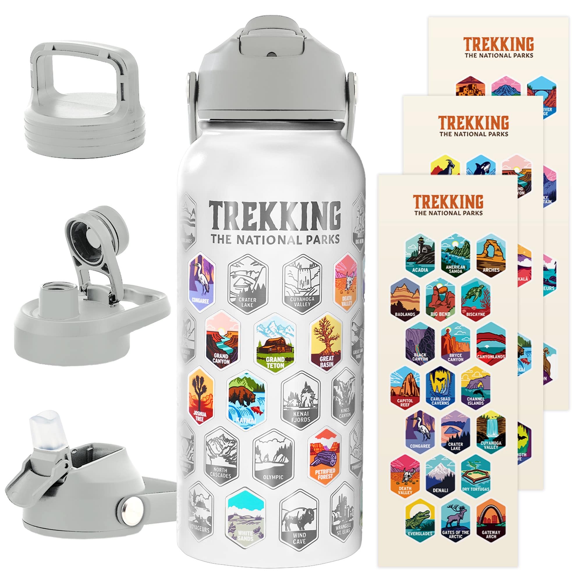 Trekking The National Parks Water Bottle with 63 Waterproof Stickers & 3 Lids (Straw, Spout, & Chug) | 32 Oz Insulated Wide Mout
