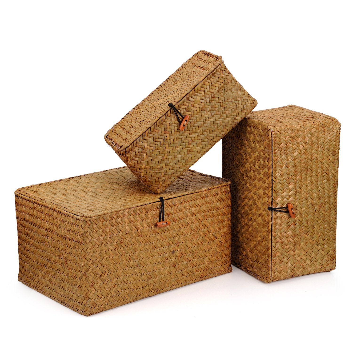 Dokot Woven Wicker Storage Bins With Lid, Seagrass Basket For Shelf Organizer, Extra Large, Set Of 3