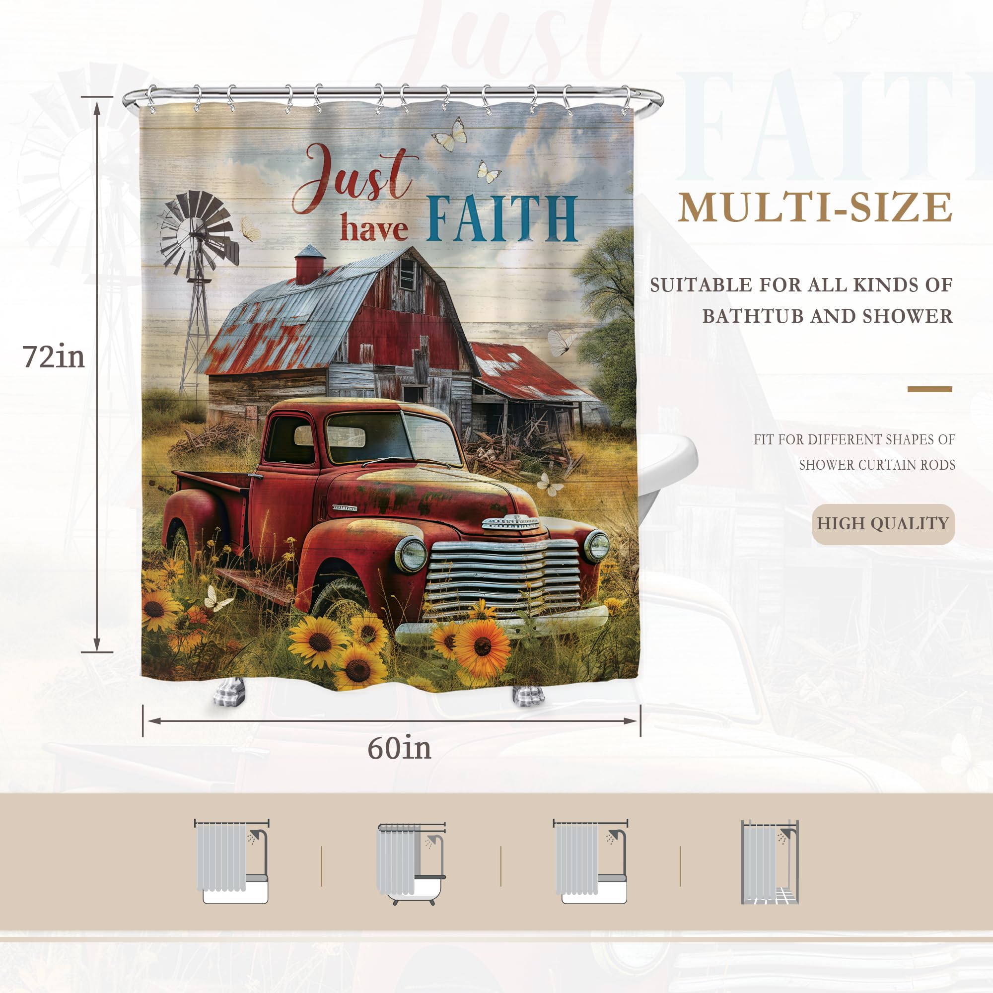Glawry Rustic Farmhouse Shower Curtain 60Wx72L Inches Retro Red Truck Positive Quote Vintage Sunflowers Wooden Western Farm Coun