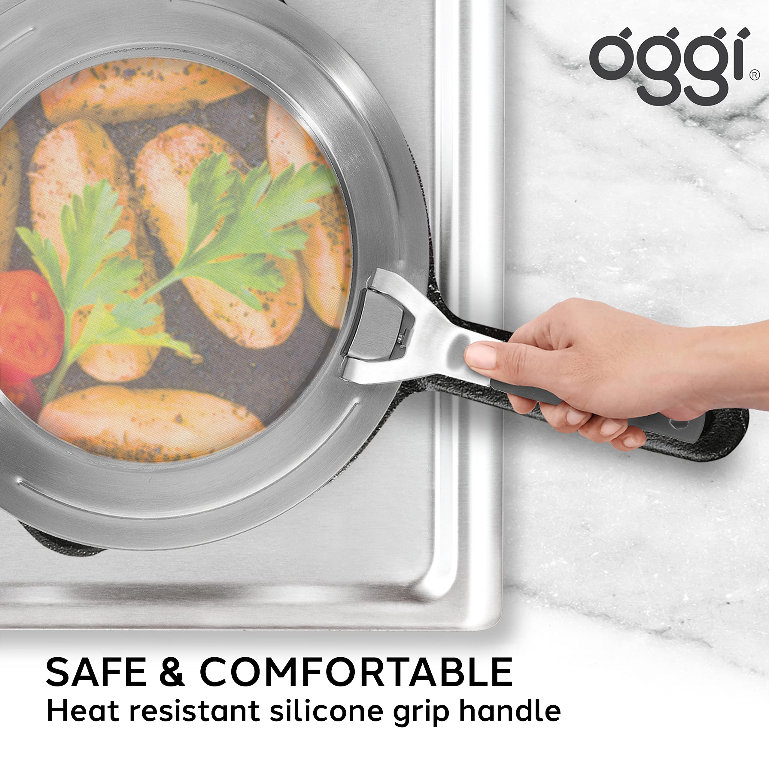 Oggi Stainless Steel Splatter Guard - 12.5'' With Space Saving Folding Handle