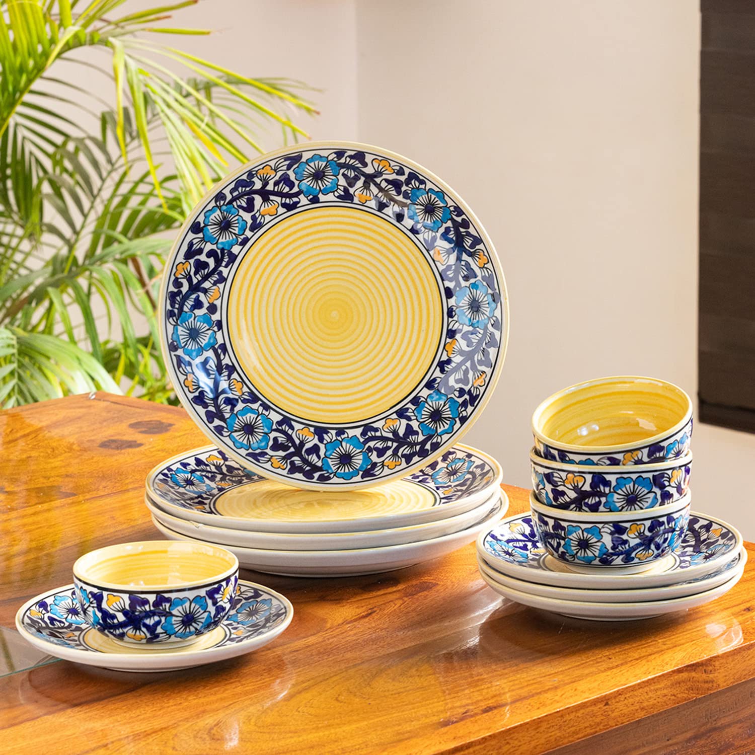 Exclusivelane Ceramic Floral Dinner Set (12 Pieces, Serving For 4, Dishwasher & Microwave Safe) | 'Badamwari Bagheecha' Handpain
