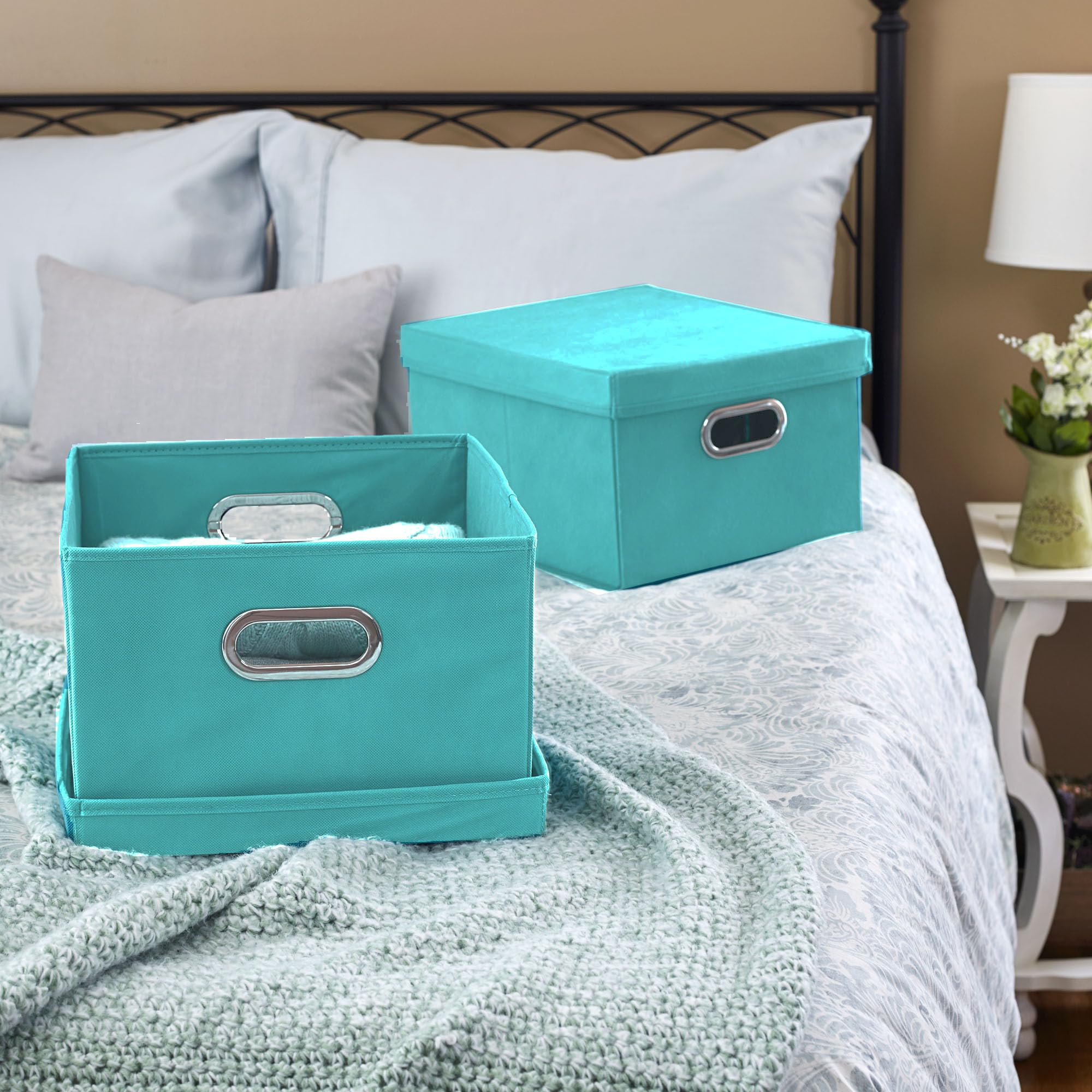 Household Essentials Fabric Storage Boxes With Lids And Handles, Aqua