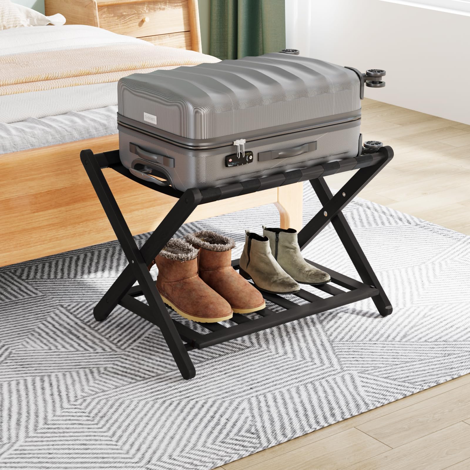 Smuxee Fully Assembled Luggage Rack For Guest Room, Upgraded Bamboo Foldable Suitcase Stand With 5 Nylon Straps, Dark Brown Lugg