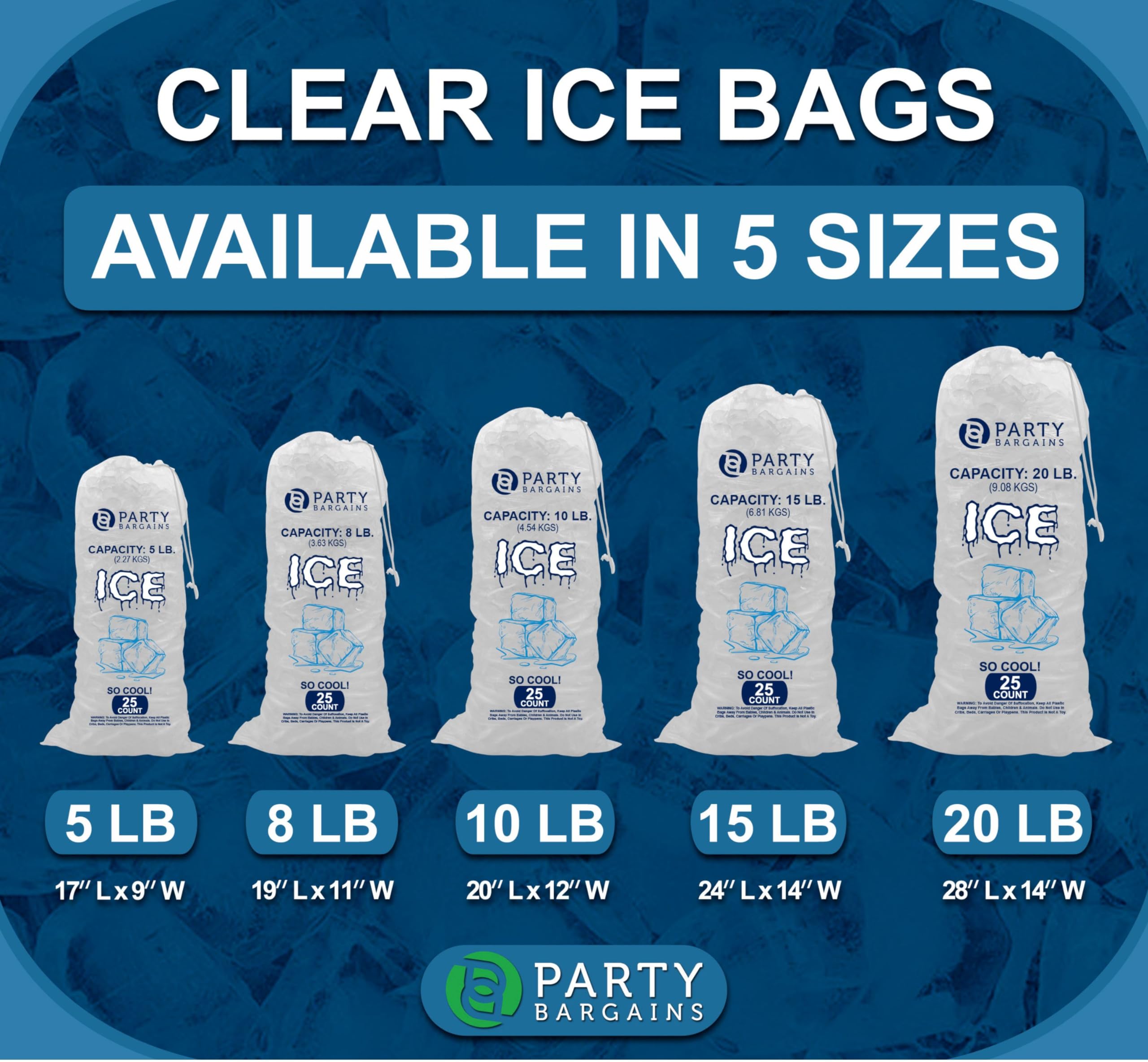 Party Bargains 5 Lb Plastic Drawstring Ice Bags 17''X9'' (50 Count)