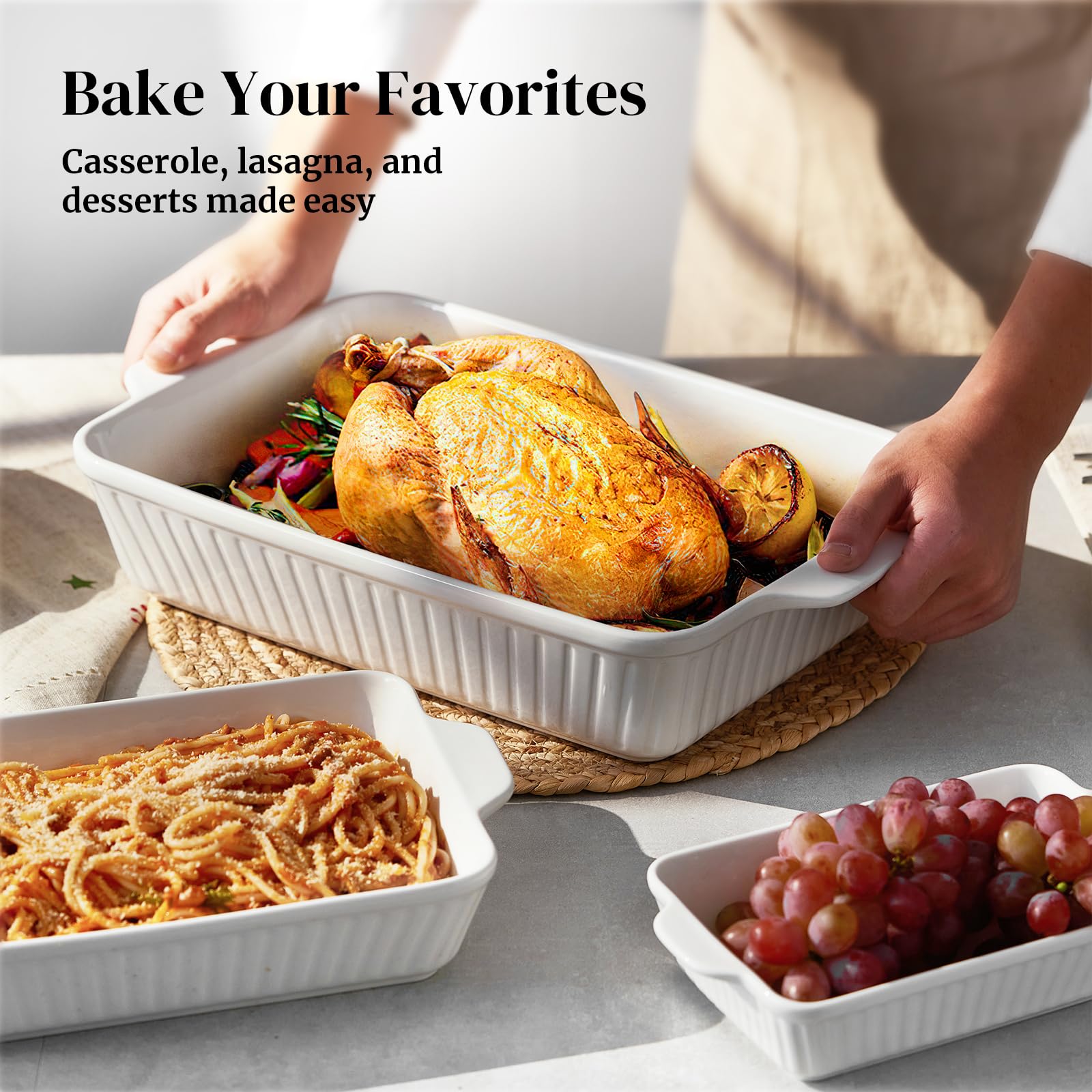 DOWAN Casserole Dishes for Oven, Baking Dishes Set, Ceramic Bakeware Sets of 3, Lasagna Pan Deep, Rectangular Baking Pan Set wit