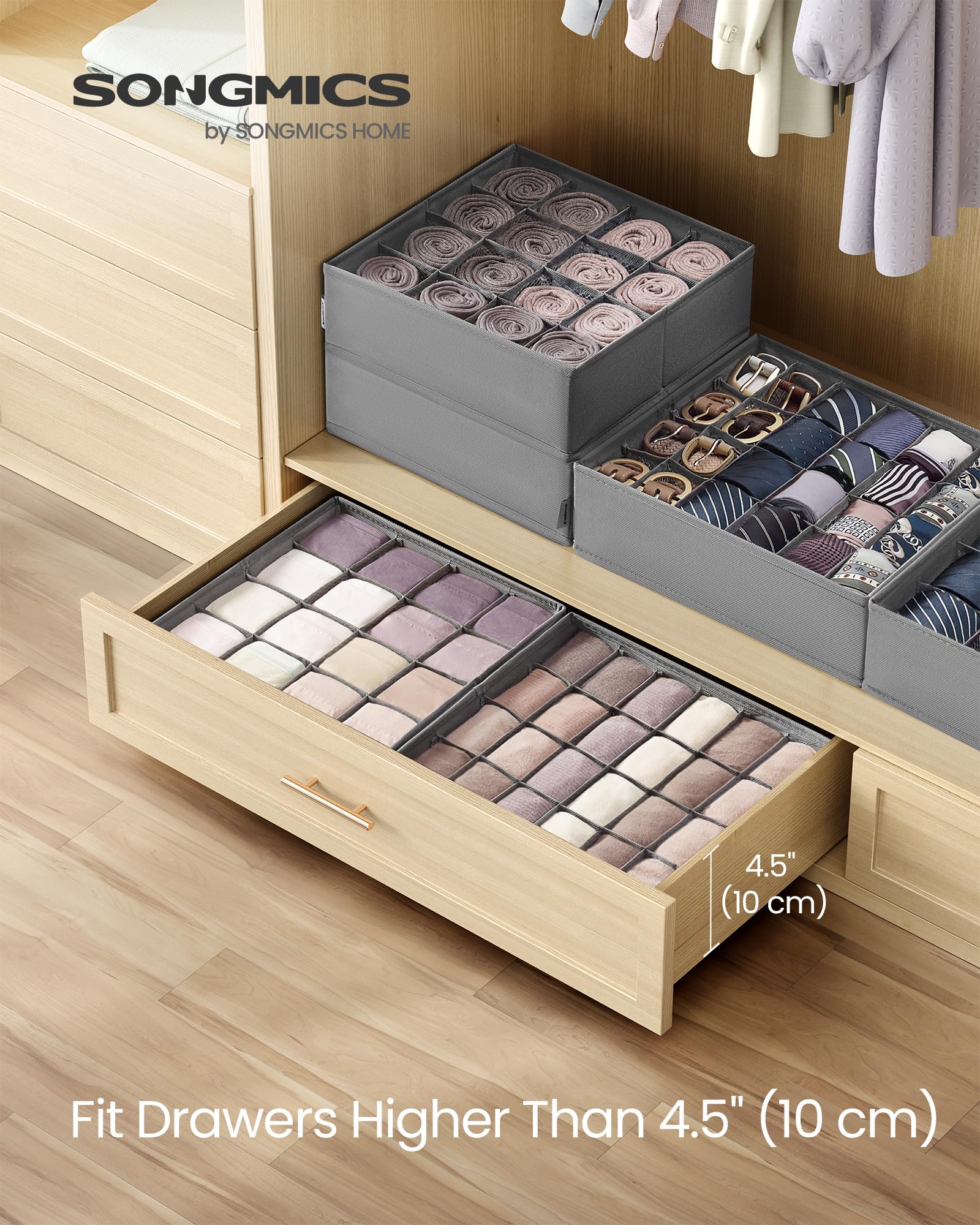 SONGMICS Set of 6 Drawer Organizers, Closet Organizers for Underwear, 120 Cells, Foldable Sock Holders, 11.8 x 11.8 x 3.9 Inches