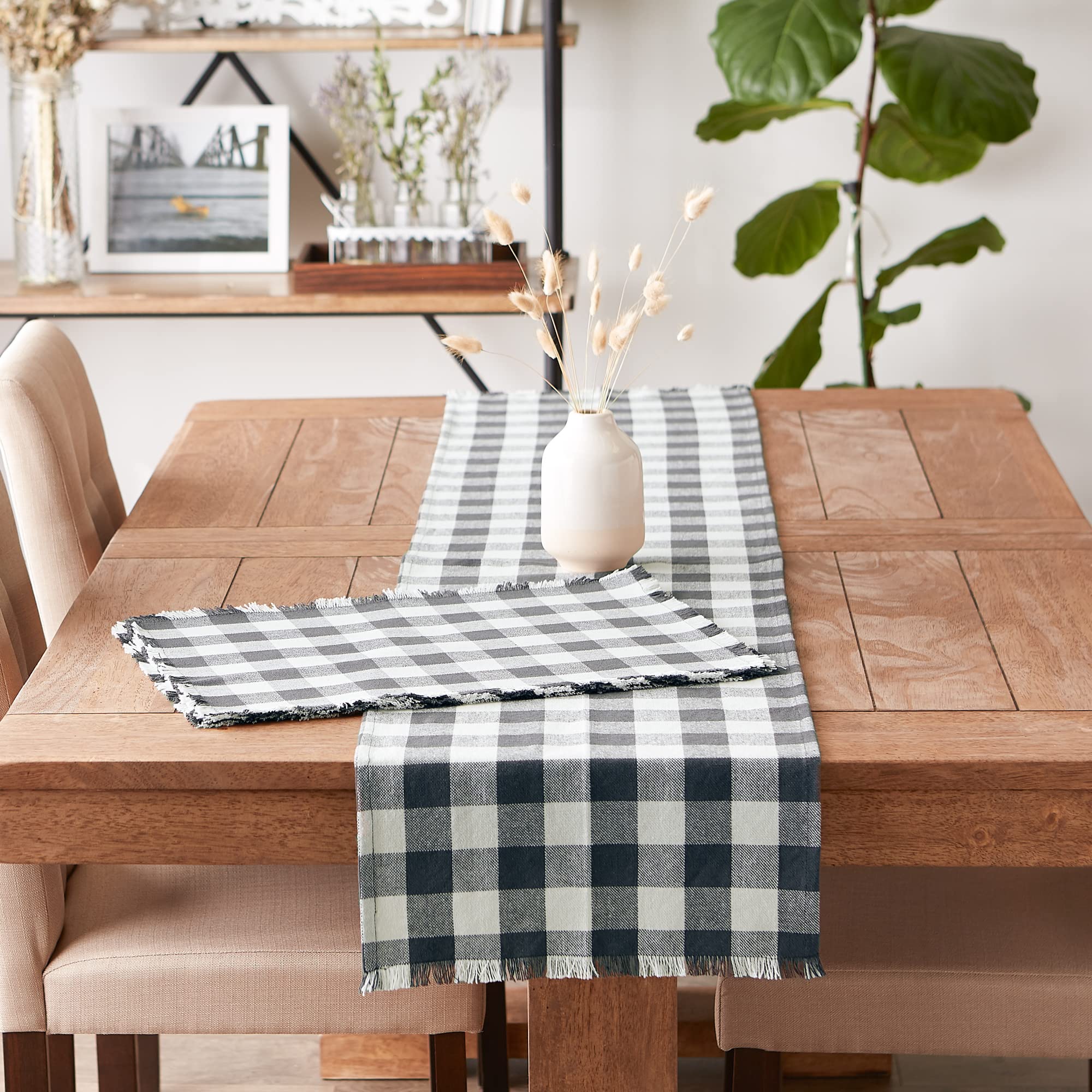 DII Heavyweight Fringed Check Tabletop Collection  Table Runner  14x108  Mineral