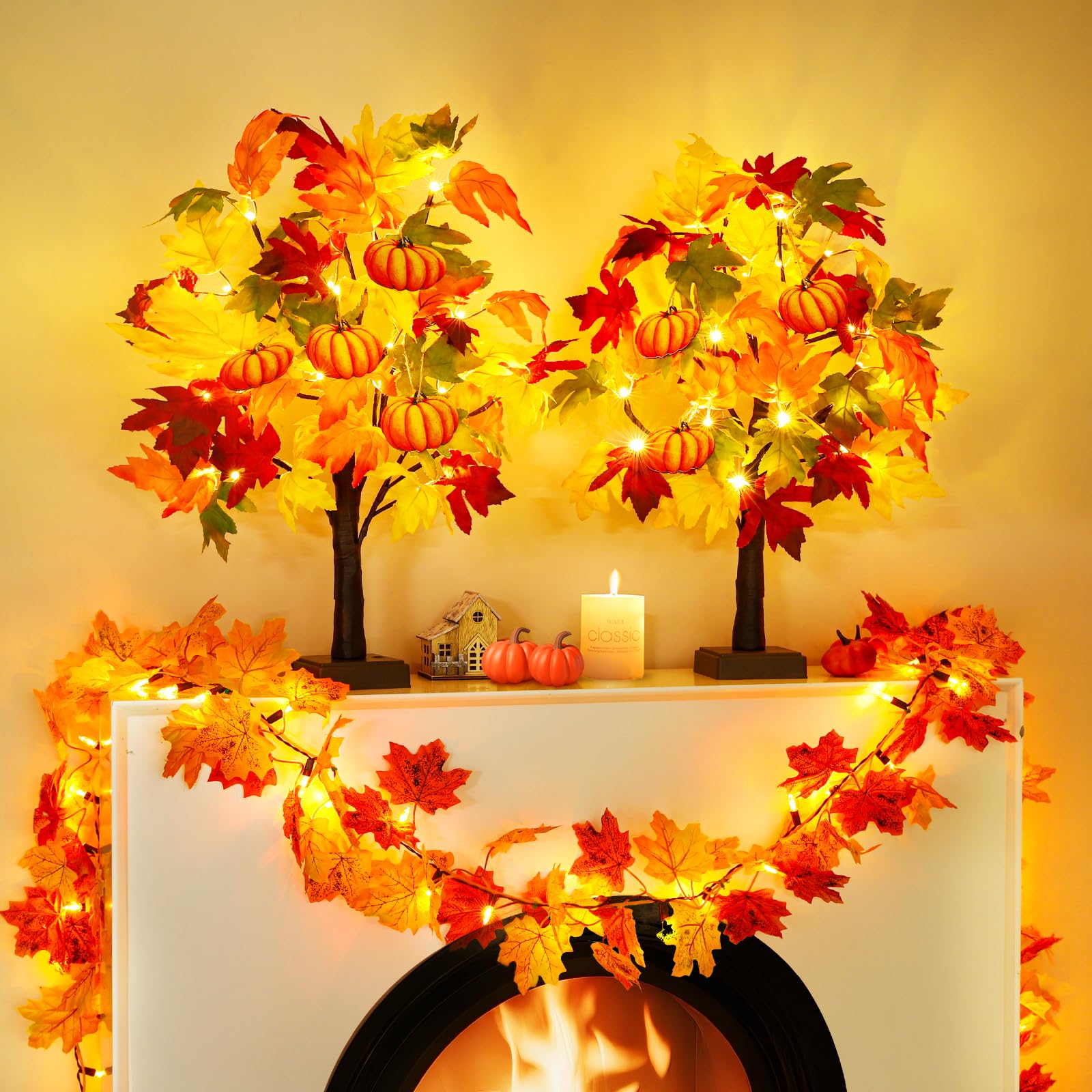 Fall Decor 2 Pack 24 Inch Lighted Fall Maple Tree Fall Decorations for Home,Tabletop Fall Trees 48 LEDs Battery Powered with 8pc