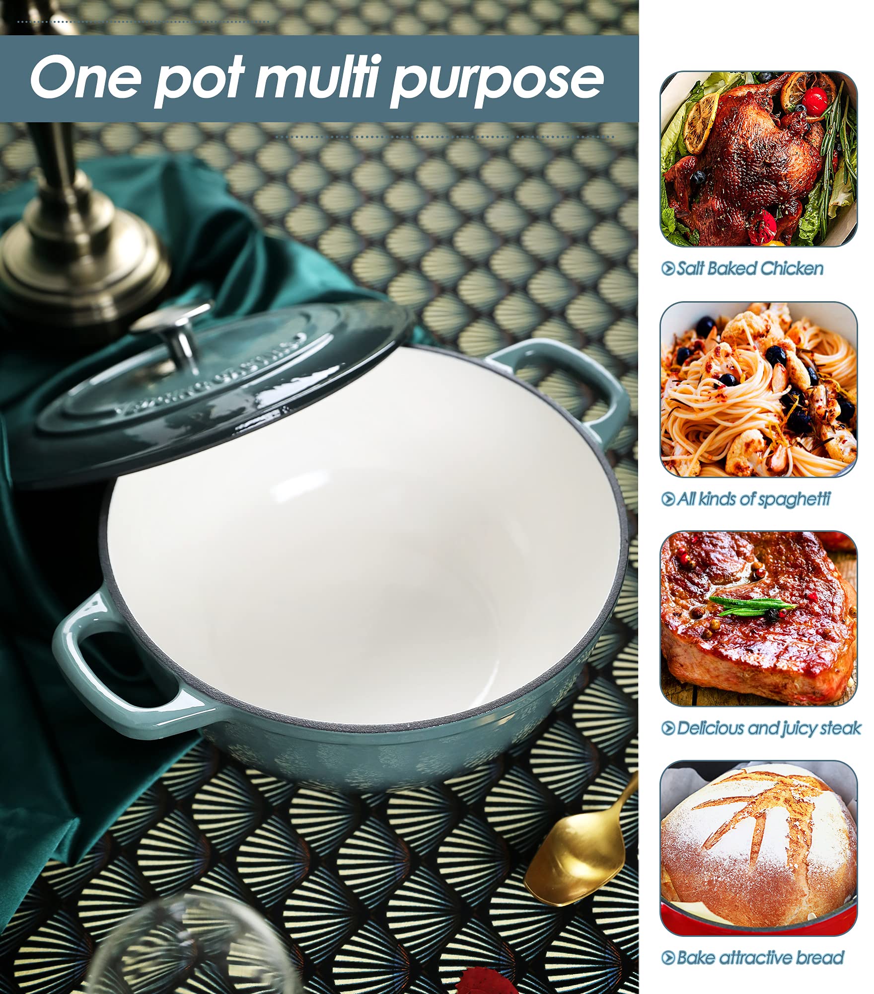 EDGING CASTING Enameled Cast Iron Dutch Oven  5 Quart Enameled Dutch Oven Cookware Pot  Suitable For Bread Baking  Ideal for Family  Slateblue