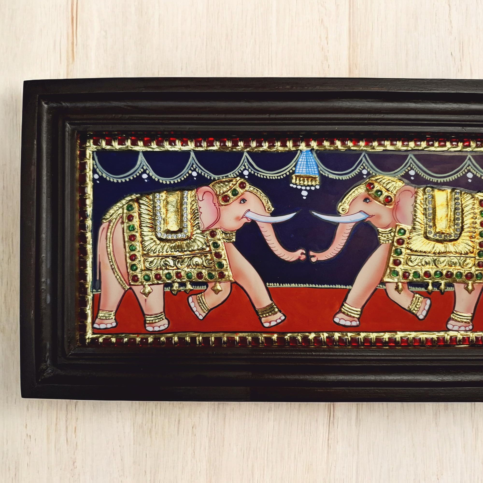 Jline Arts Elephant Tanjore Painting, 22 Carat Gold Foils With Wall Hanging (35 Cm X 19 Cm) With Teakwood Frame