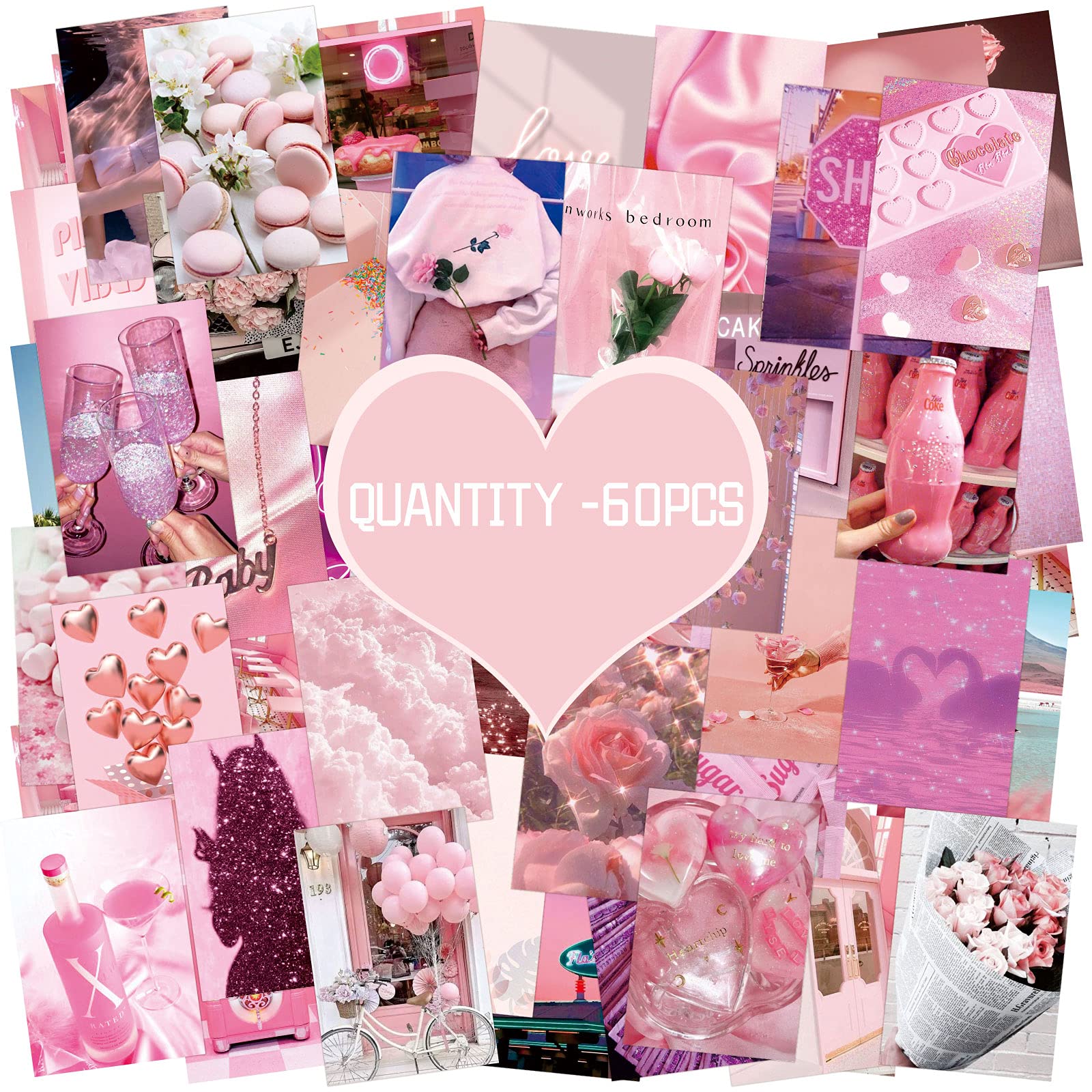 Tenare 60 Pcs Pink Aesthetic Picture For Wall Collage Rose Pink Collage Kit Room Decor For Teen Girls Pink Posters For Bedroom C