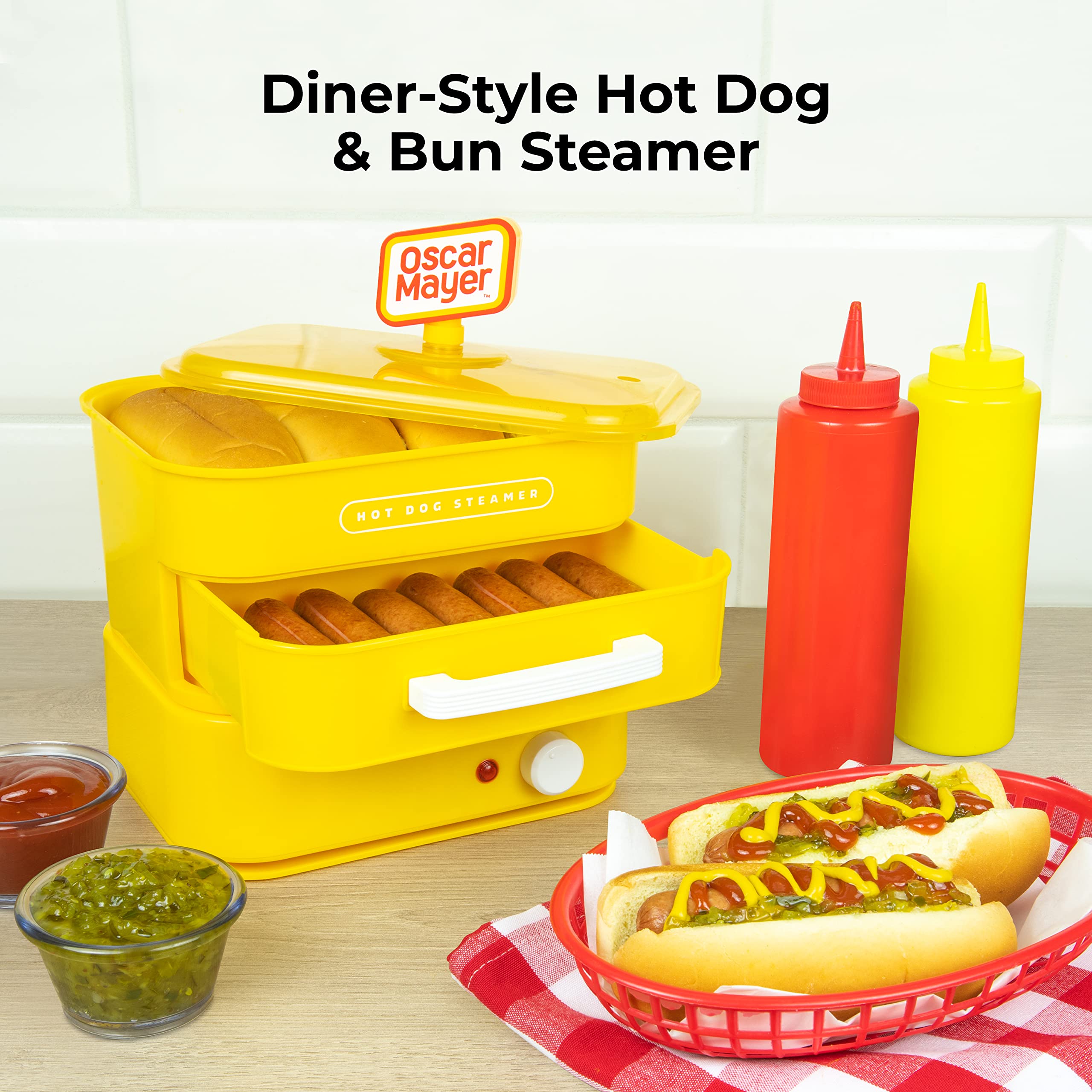 Nostalgia Oscar Mayer Diner-Style Hot Dog Steamer And Bun Warmer, 8 Hot Dog And 4 Bun Capacity, Steam Bratwursts, Sausages, Vege