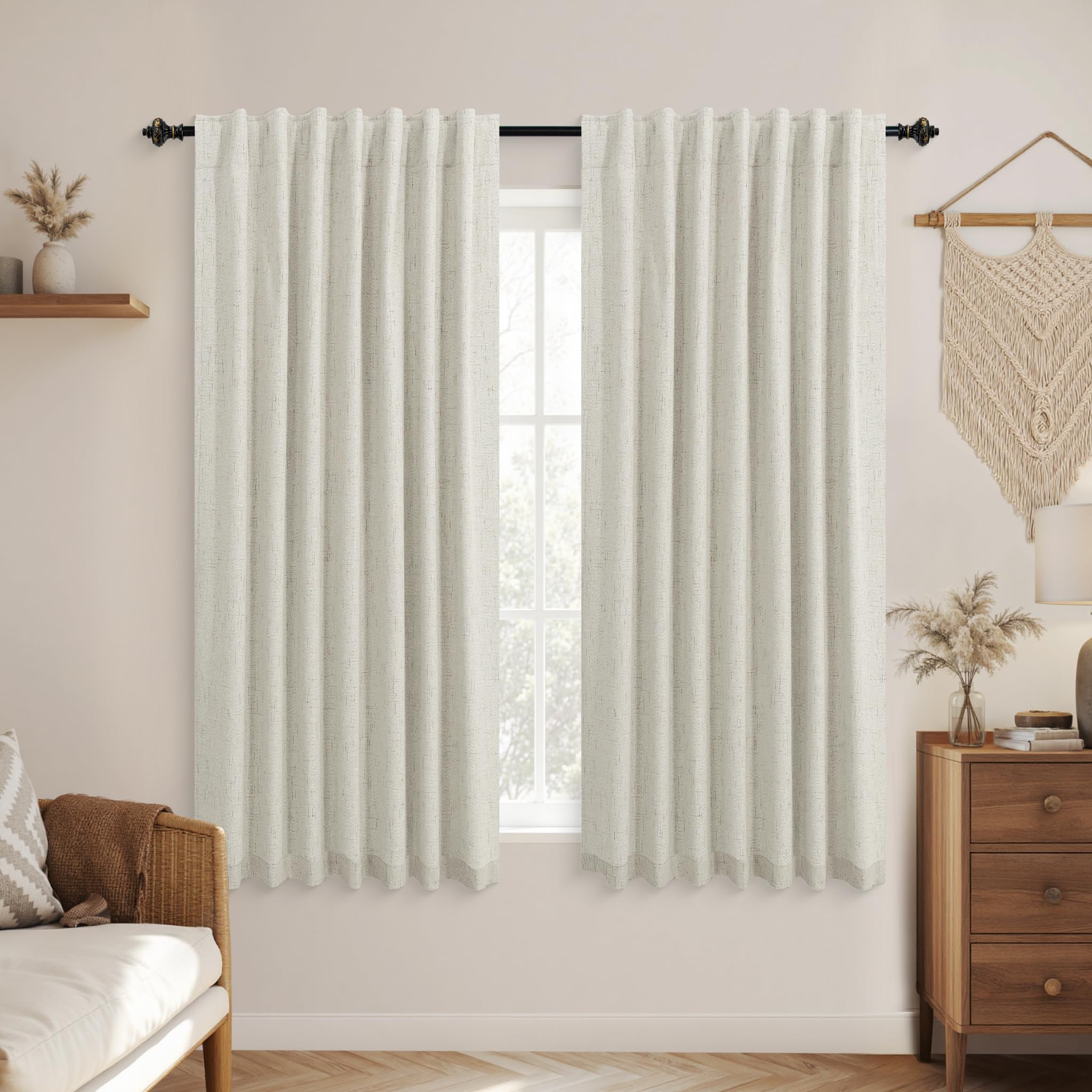 KOUFALL Short Linen Blackout Curtains 45 Inch for Small Windows, Boho RV Curtains for Camper Windows, Thermal Curtains for Kitch