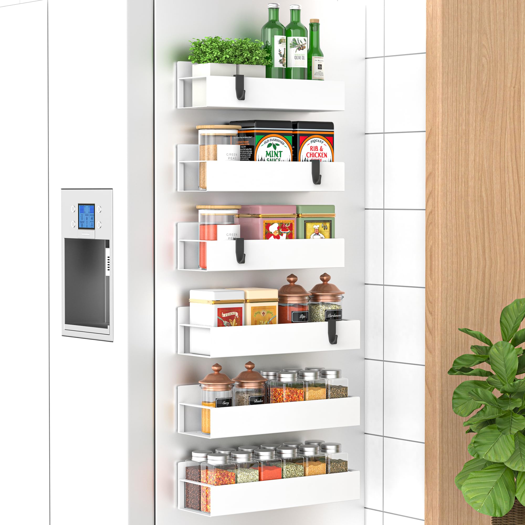 HuggieGems 6 Pack Magnetic Spice Storage Rack Organizer for Refrigerator and Oven, White Fridge Organizers and Storage