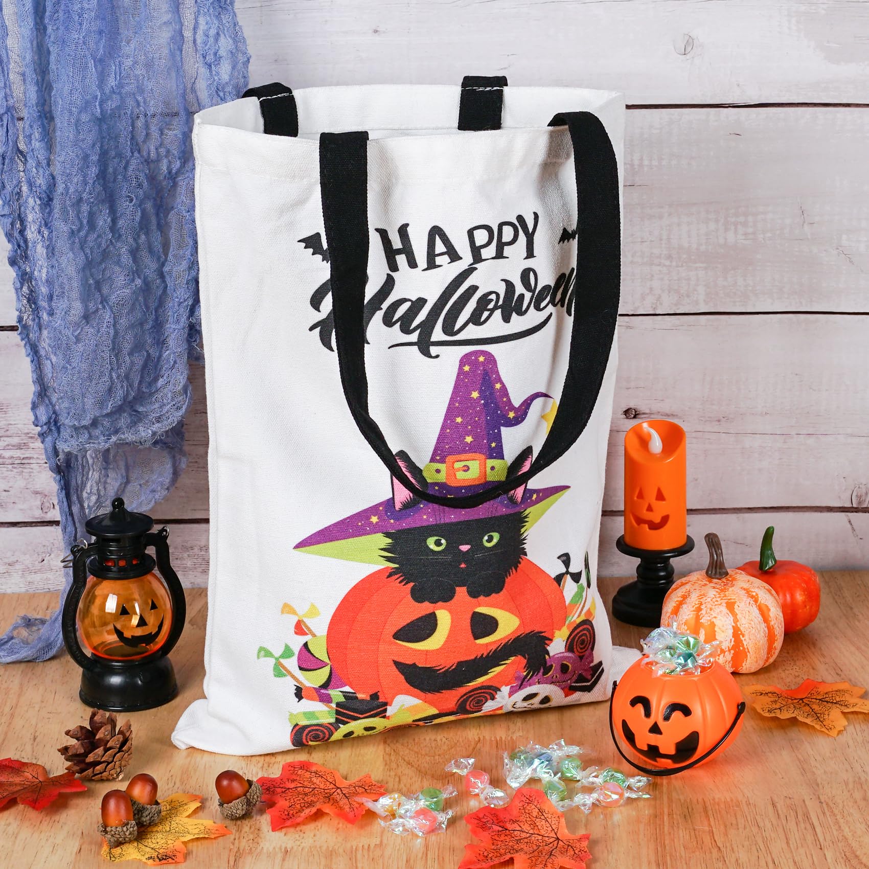 Atfunshop Halloween Tote Bag 15.7'' Trick Or Treat Bag Halloween Canvas Bags Reusable Large Halloween Grocery Bag For Kids Cat