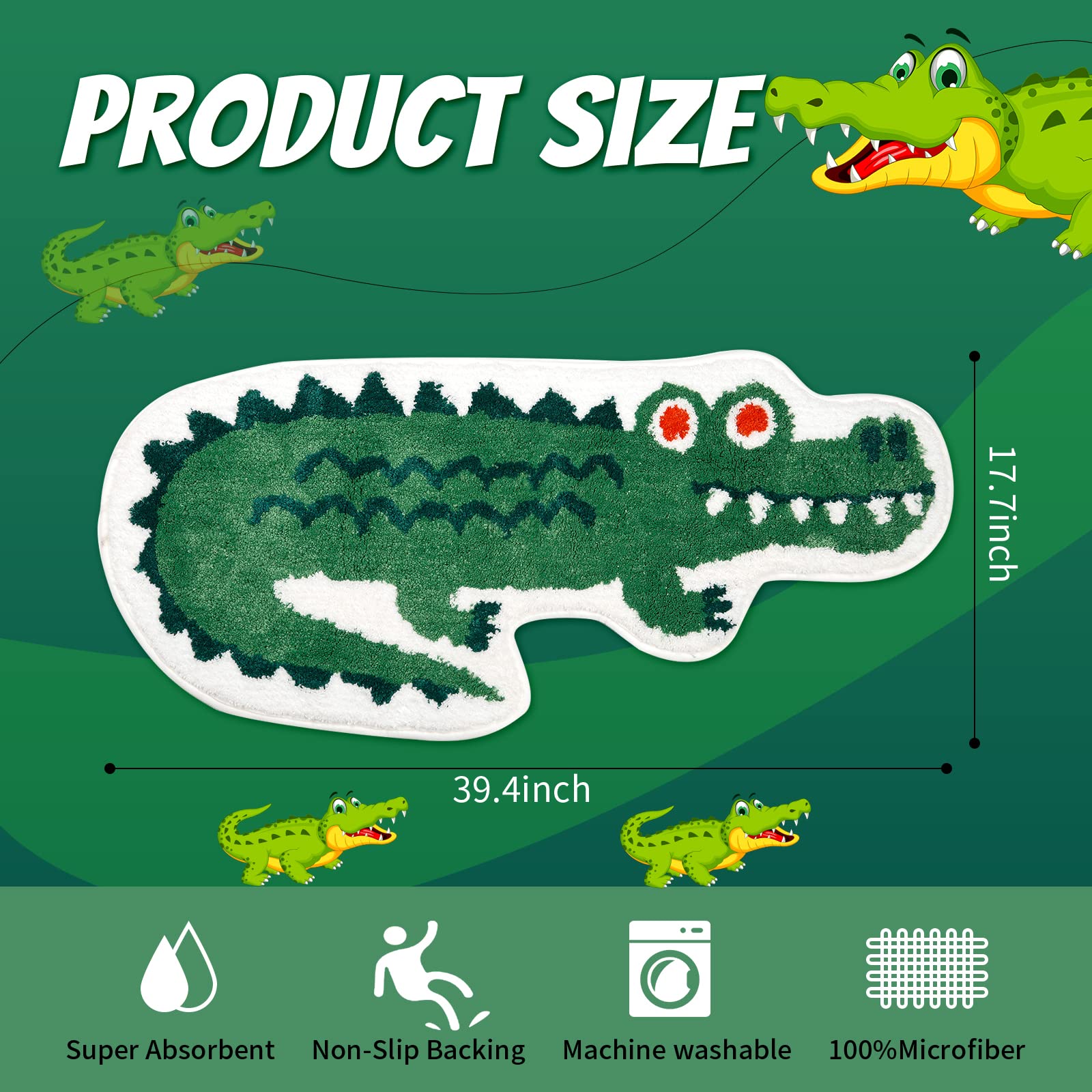 Crocodile Shaped Bath Mat For Bathroom, Cute Green Animal Bathroom Rug Non-Slip Door Mat Cartoon Alligator Bathroom Shower Rug A
