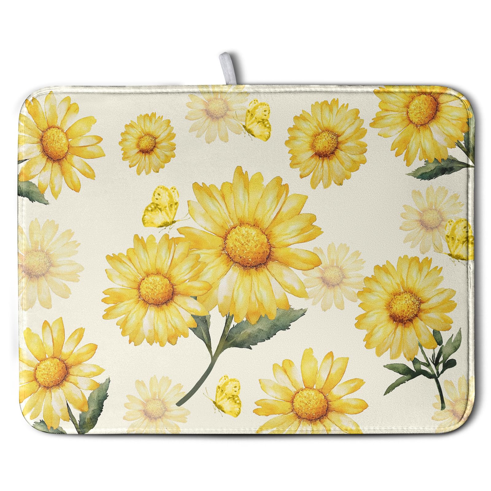 Yellow Sunflower Dish Drying Mat for Kitchen Counter Summer Daisy Floral Dishes Pad Farmhouse Flower Dish Draining Microfiber Ab