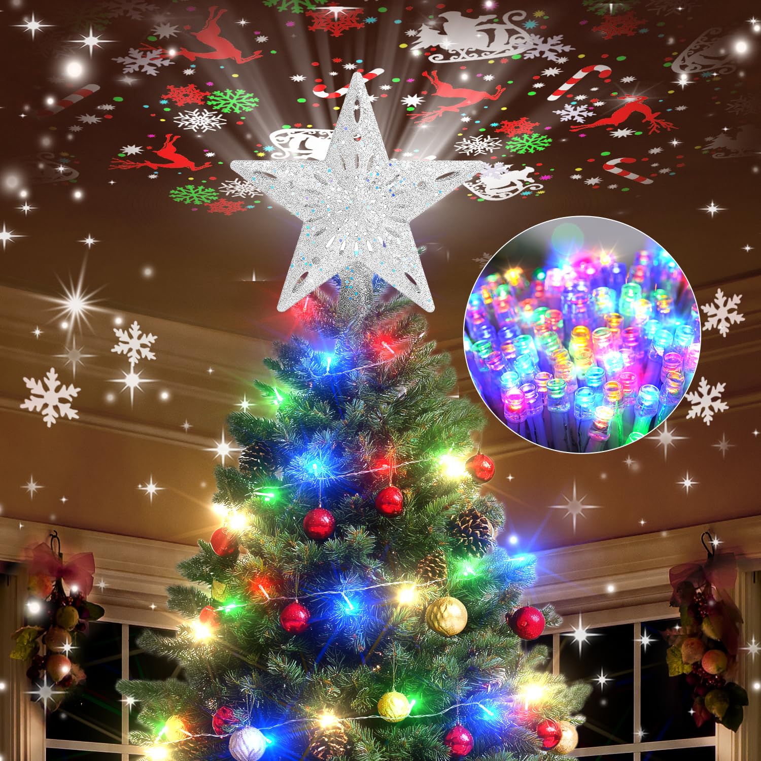 Kesfitt Christmas Tree Topper with 10M Colorful Light Cord, Tree Top Star Decoration with 6 Projection Modes, Silver Tree Topper