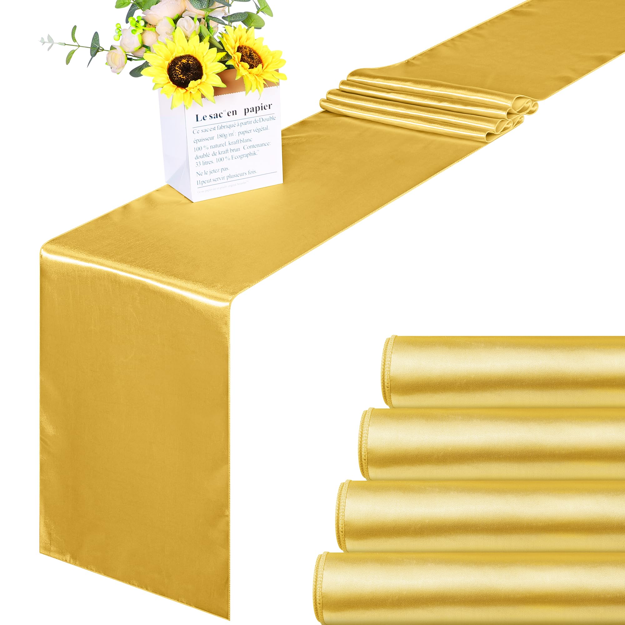 Aneco 4 Pack Satin Table Runner 12 X 108 Inch Golden Long Bright Silk And Smooth Fabric Party Table Runner For Wedding Banquet P