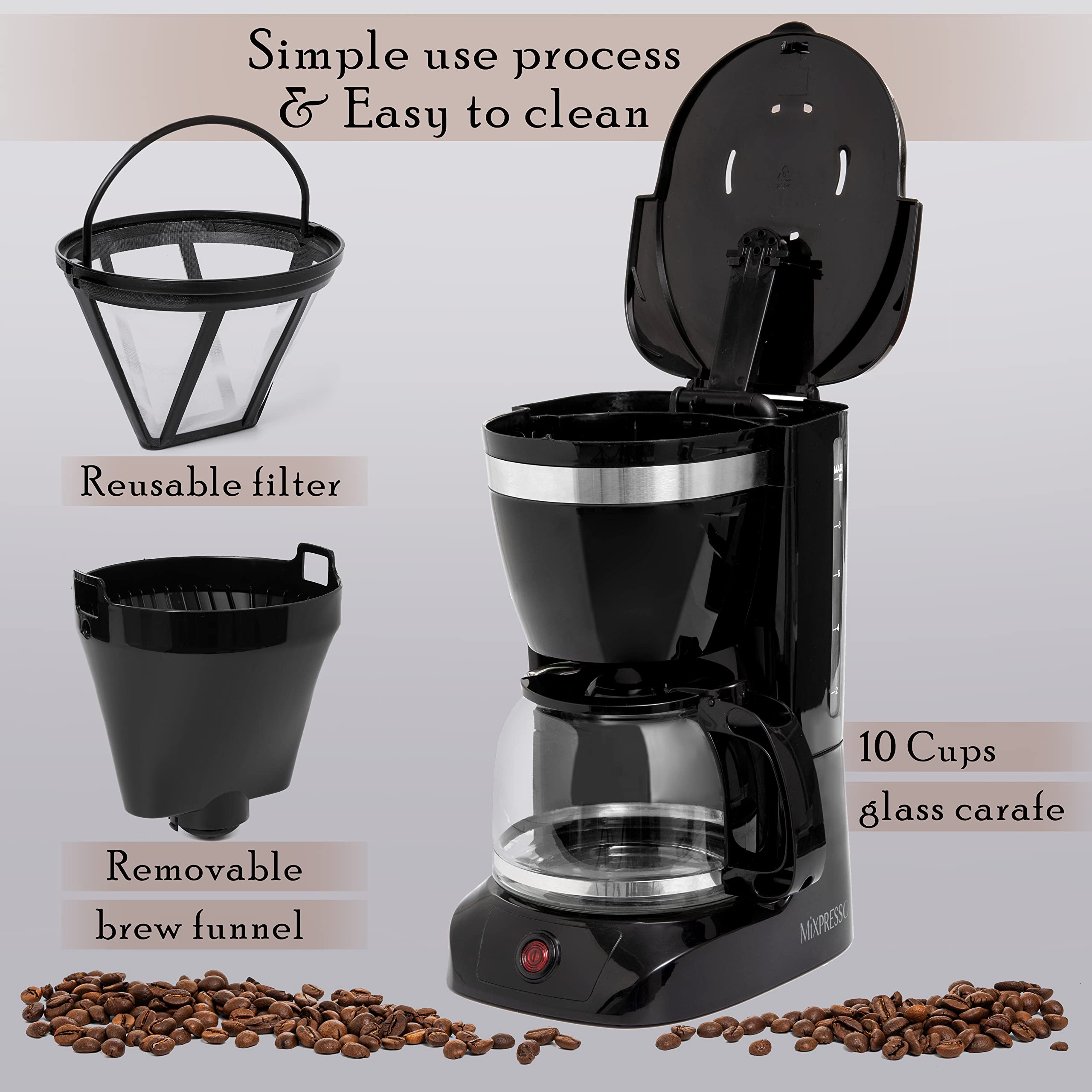 Mixpresso 10-Cup Drip Coffee Maker, Coffee Pot Machine Including Reusable & Removable Coffee Filter, The Best 10 Cup Coffee Make