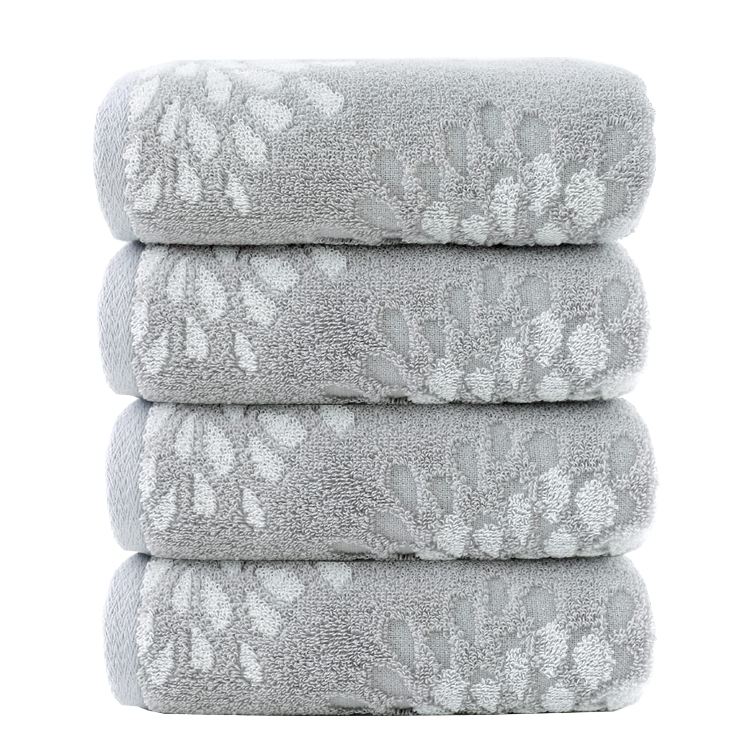 Pidada Hand Towels Set Of 4 Hydrangea Floral Pattern 100% Cotton Absorbent Soft Decorative Towel For Bathroom (Light Grey)