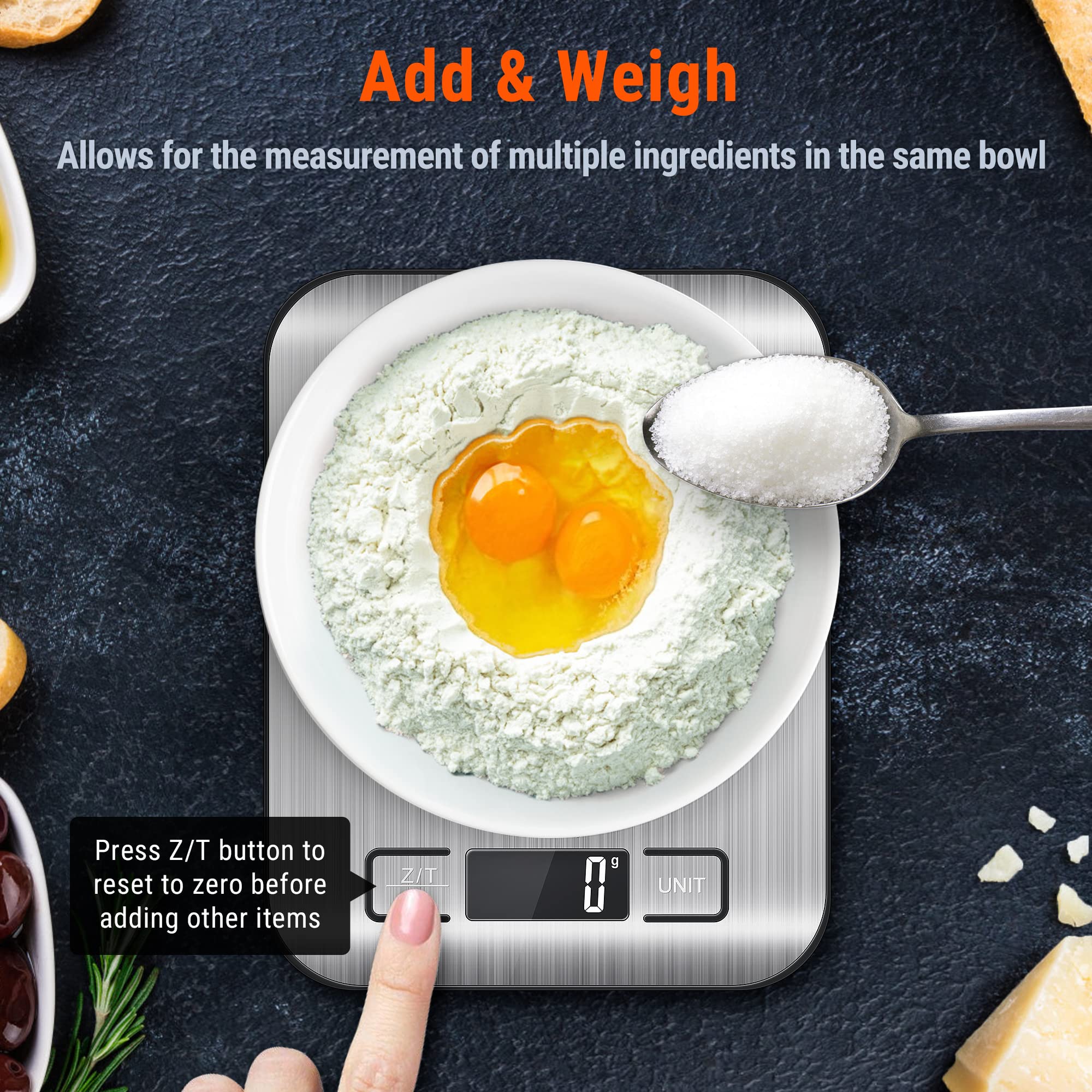 AccuWeight 211 Digital Kitchen Food Scale - 5000g Capacity, 1g Precision, Stainless Steel, Tare Function, LCD Display, 8.11"x6.42"x1
