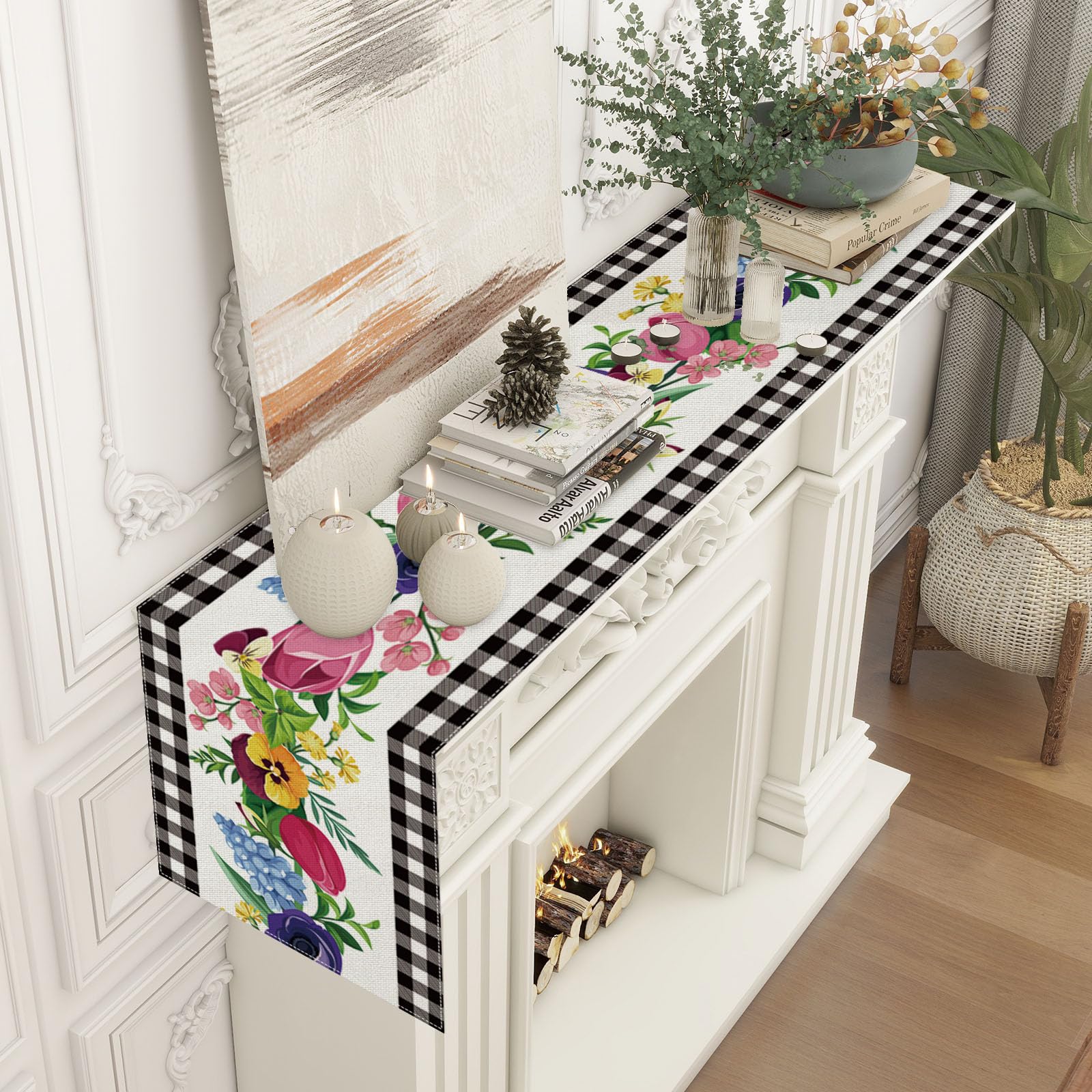 Linen Black And White Buffalo Check Plaid Spring Table Runner 72 Inches Long Farmouse Spring Summer Easter Watercolor Floral Tab